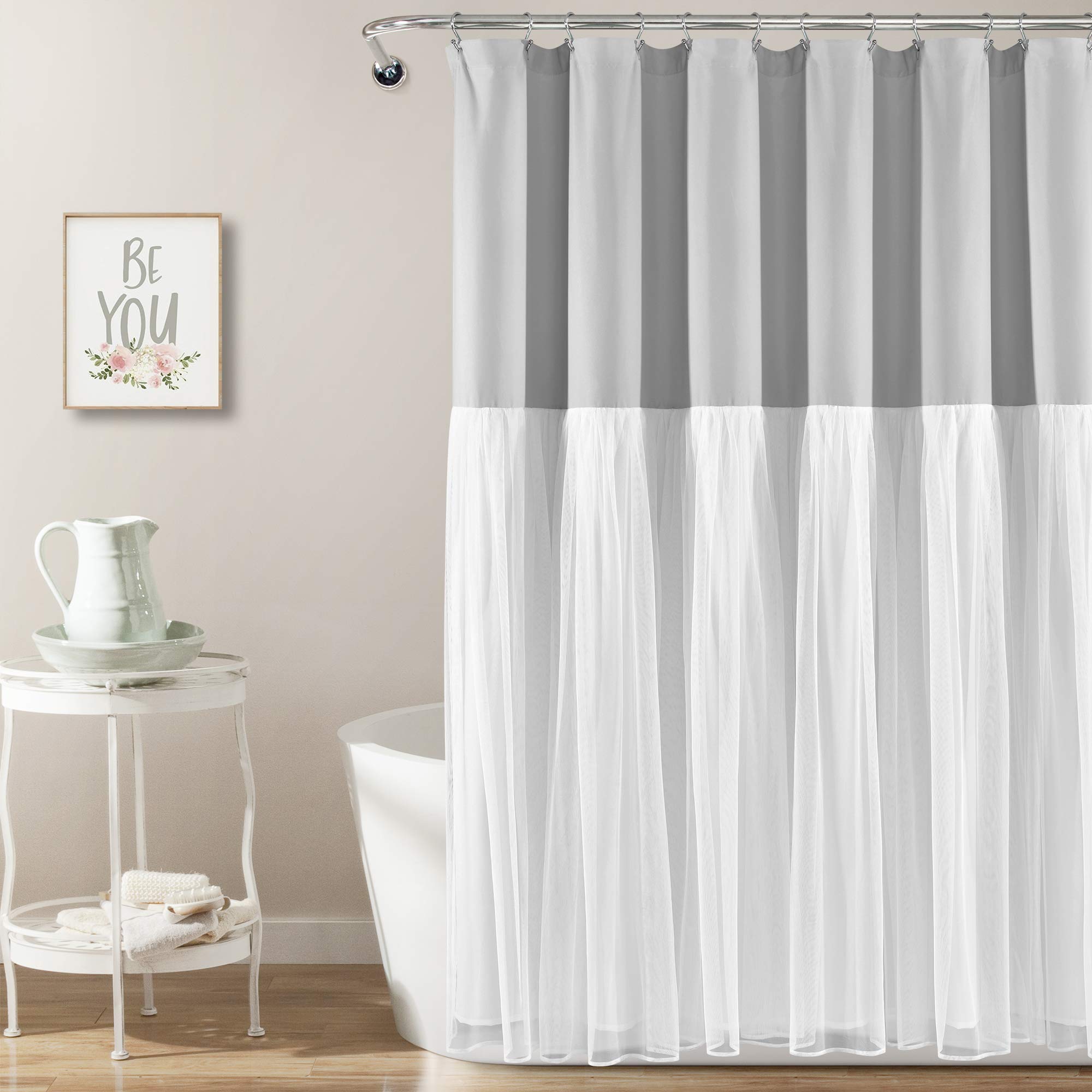 Lush Decor Tulle Skirt Colorblock Shower Curtain, 72' X 72', Light Gray & White