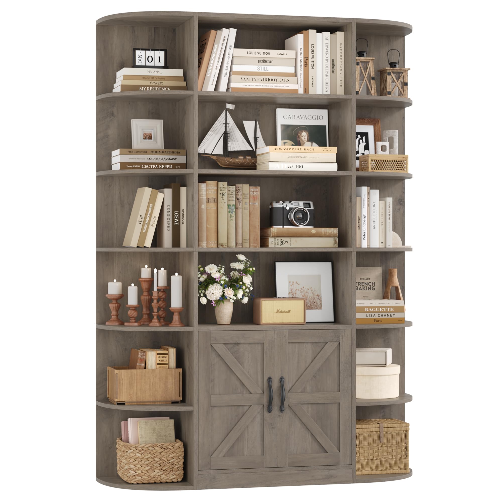 Hostack 75' Tall Book Shelf And Bookcase, 6 Tier Bookshelf With Storage, 47' Wide Bookcase With Door, Freestanding Wood Displa