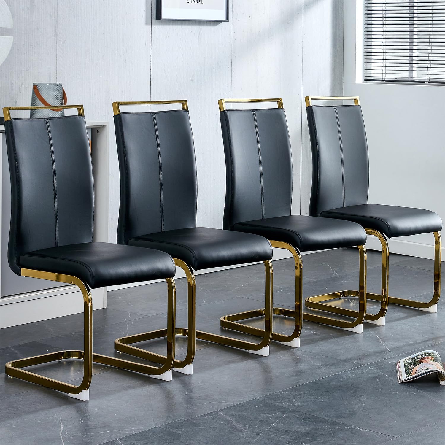 Gopop Modern Dining Chairs Set Of 4,High Back Black Kitchen Chairs,Faux Leather Side Chair With Gold Plated Metal Legs,Easy To C