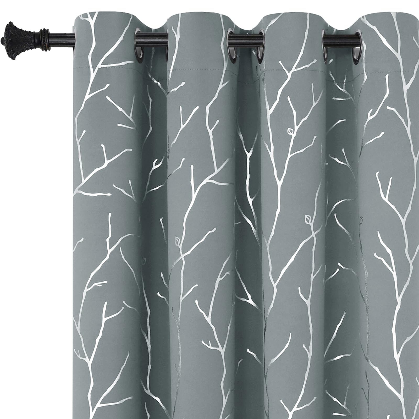 Buhua Blackout Curtains Silver Foil Print Tree Branches Grommet Drapes, Room Darkening Thermal Insulated Curtains, Noise Reducin