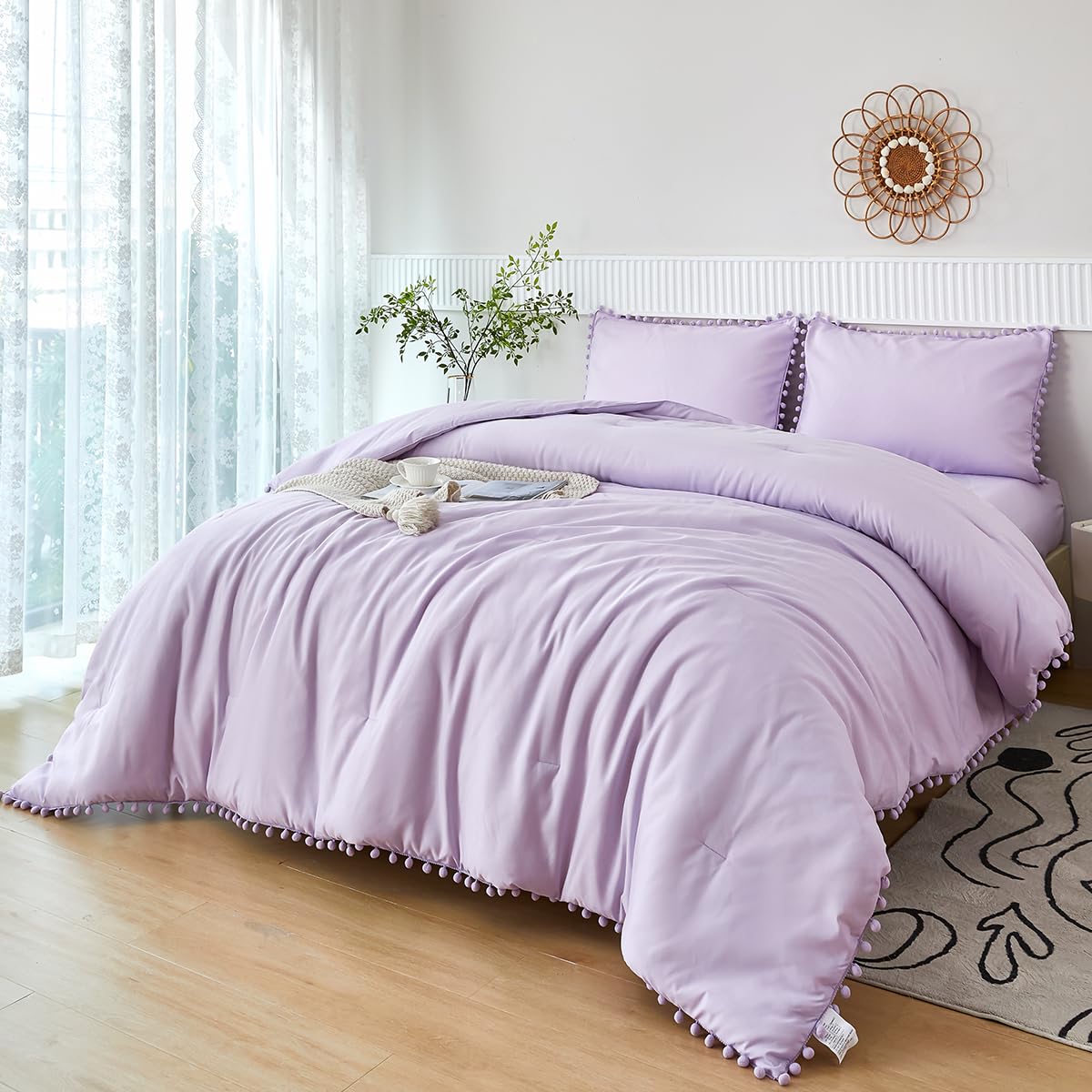 Perfemet 5 Pcs Lavender Pom Pom Comforter Queen Size Boho Luxury Light Purple Bedding Sets For Girls Soft Cozy Solid Bed In A Ba