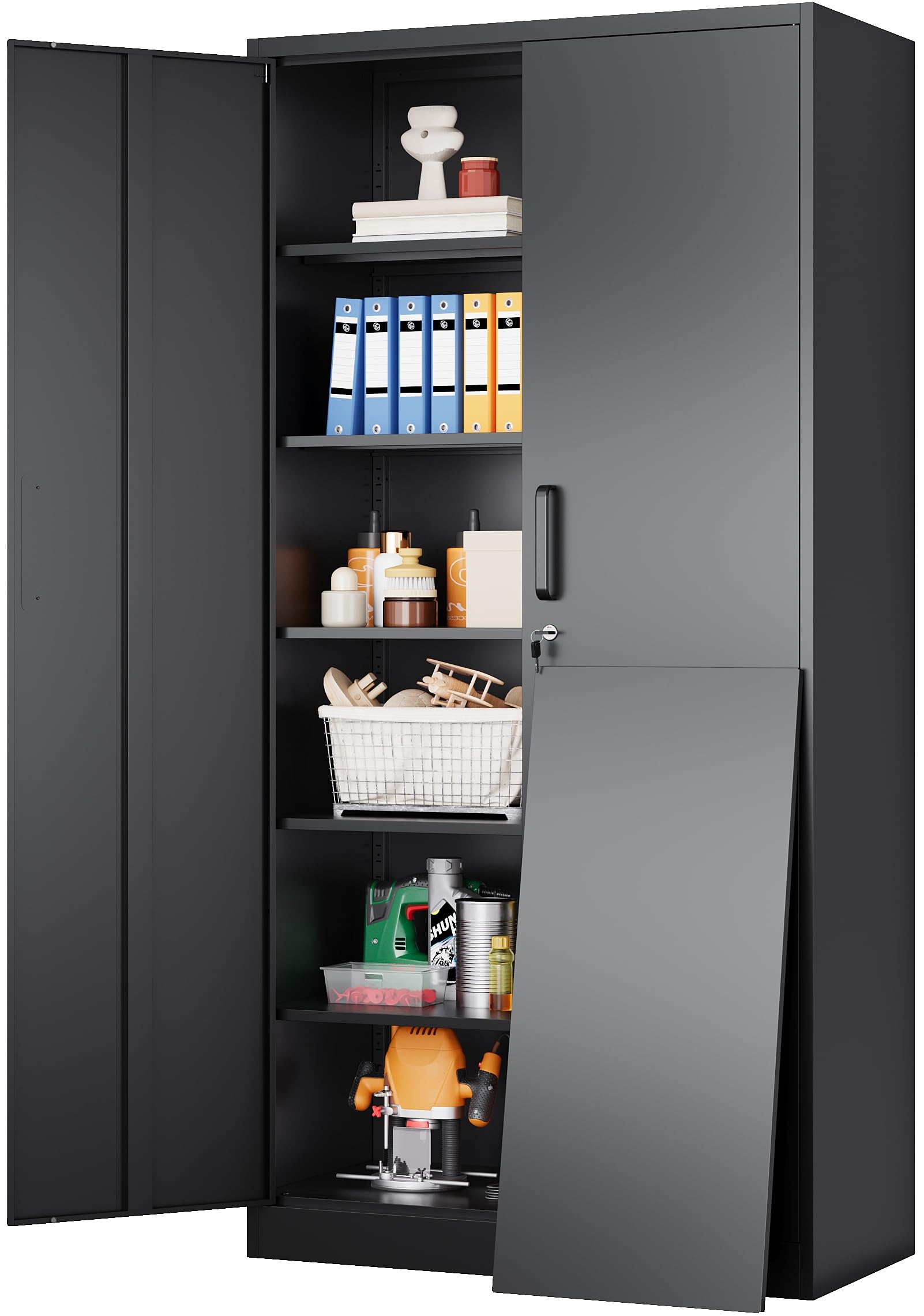 Sisesol Metal Storage Cabinet With 2 Doors And 6 Shelves,72X36X18 Lockable Garage Storage Cabinet,Black Metal Cabinets With Lock,Steel Locking Cabinets For Home,Office,Garage,School
