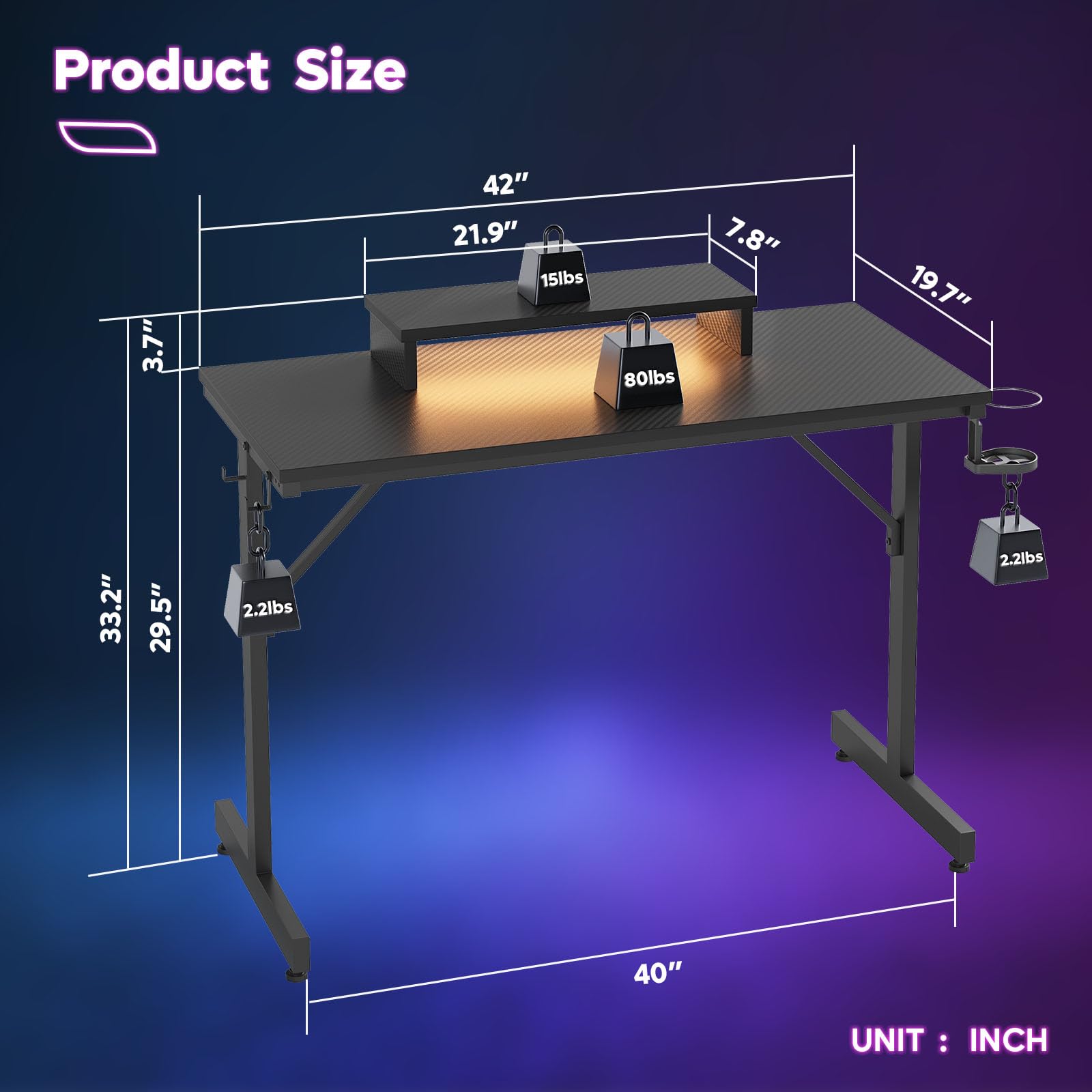 Bestier Small Gaming Desk With Monitor Stand, 42 Inch Led Computer Desk, Gamer Desk With Cup Holder & Headset Hooks, Modern Simple Style Desk For Home Office Ps5 Small Spaces, Carbon Fiber Black