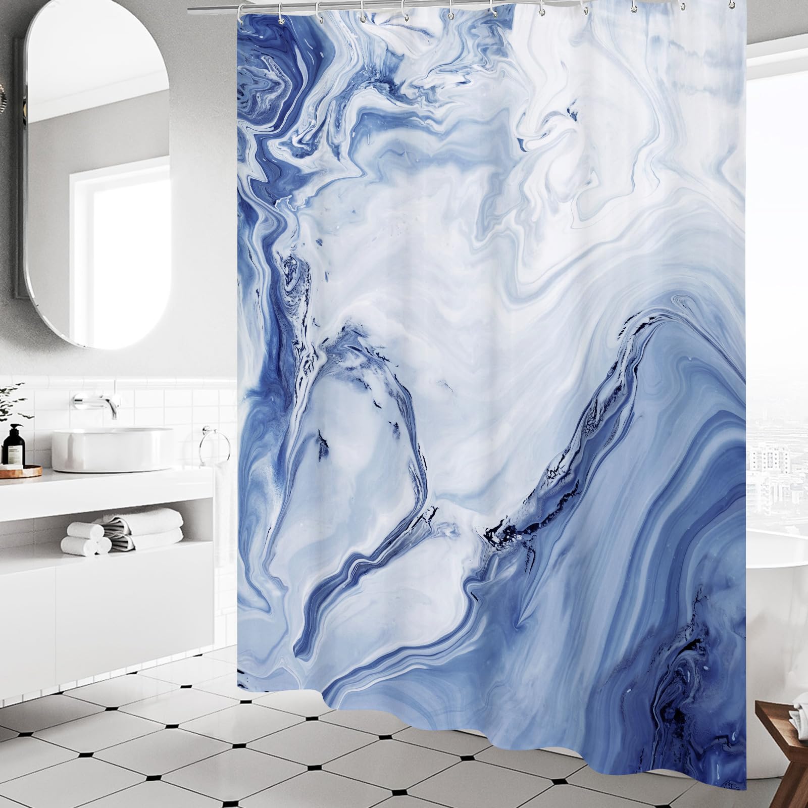 Mitovilla Blue Marble Shower Curtain, Modern Ombre Fabric Cloth Shower Curtains For Luxury Bathroom Decor, Abstract Watercolor S