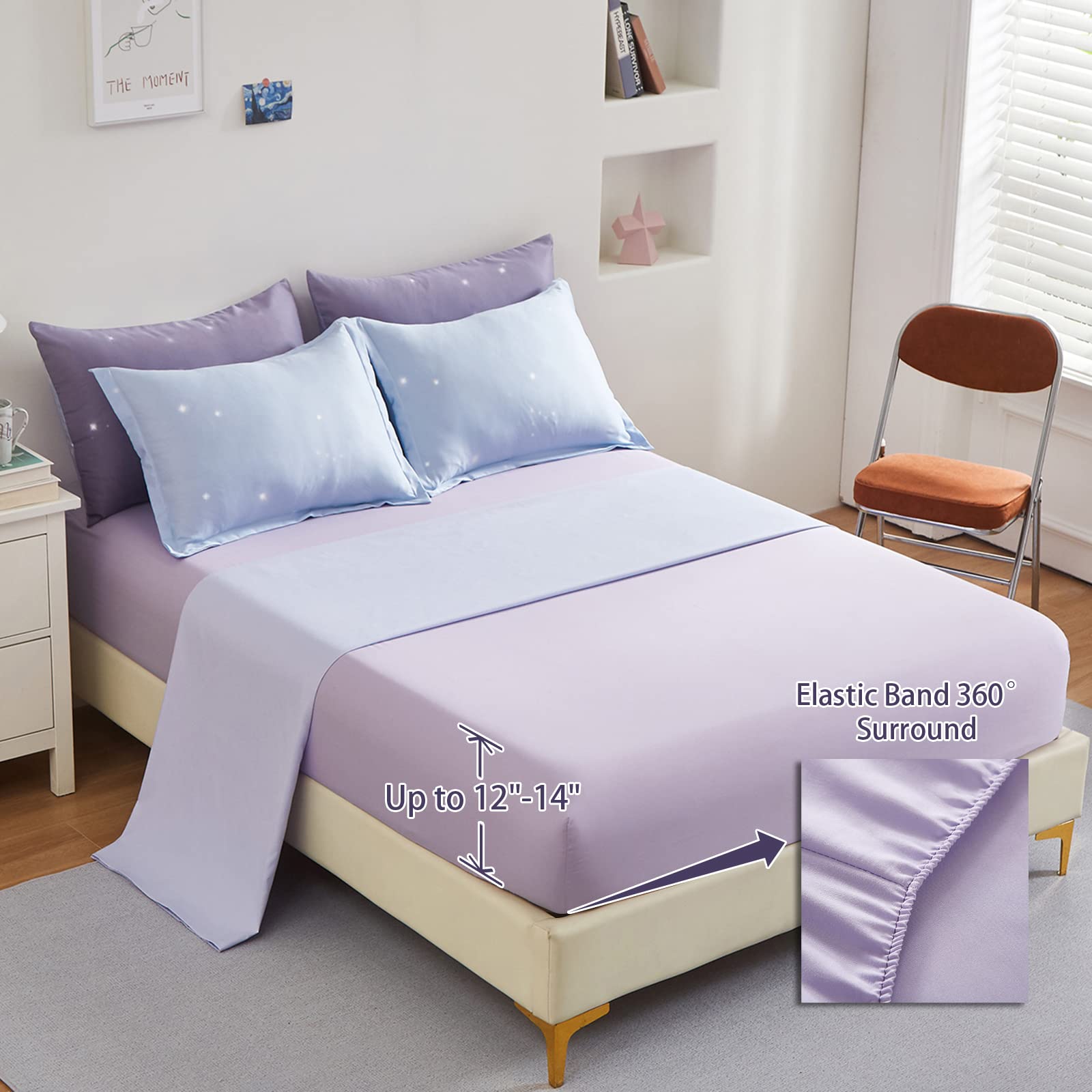 Girls Comforter Set Twin Size 6 Pieces Colorful Ombre Purple Rainbow Bedding Set Bed In A Bag For Kids Teen Girls (1 Comforter,
