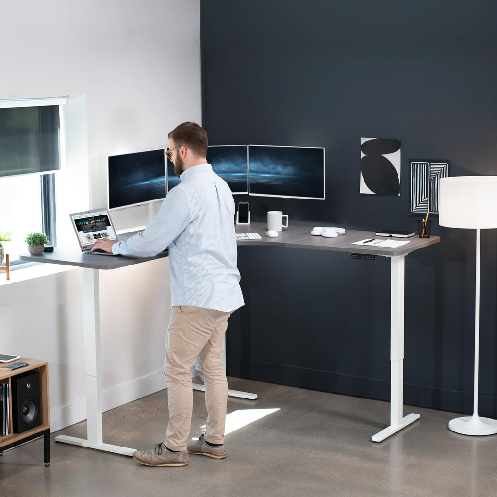 Vivo Electric Height Adjustable 71 X 71 Inch Curved Corner Stand Up Desk, Dark Gray Table Top, White Frame, Memory Controller, L-Shaped Workstation, E3C Series, Desk-Kit-E3Cwg