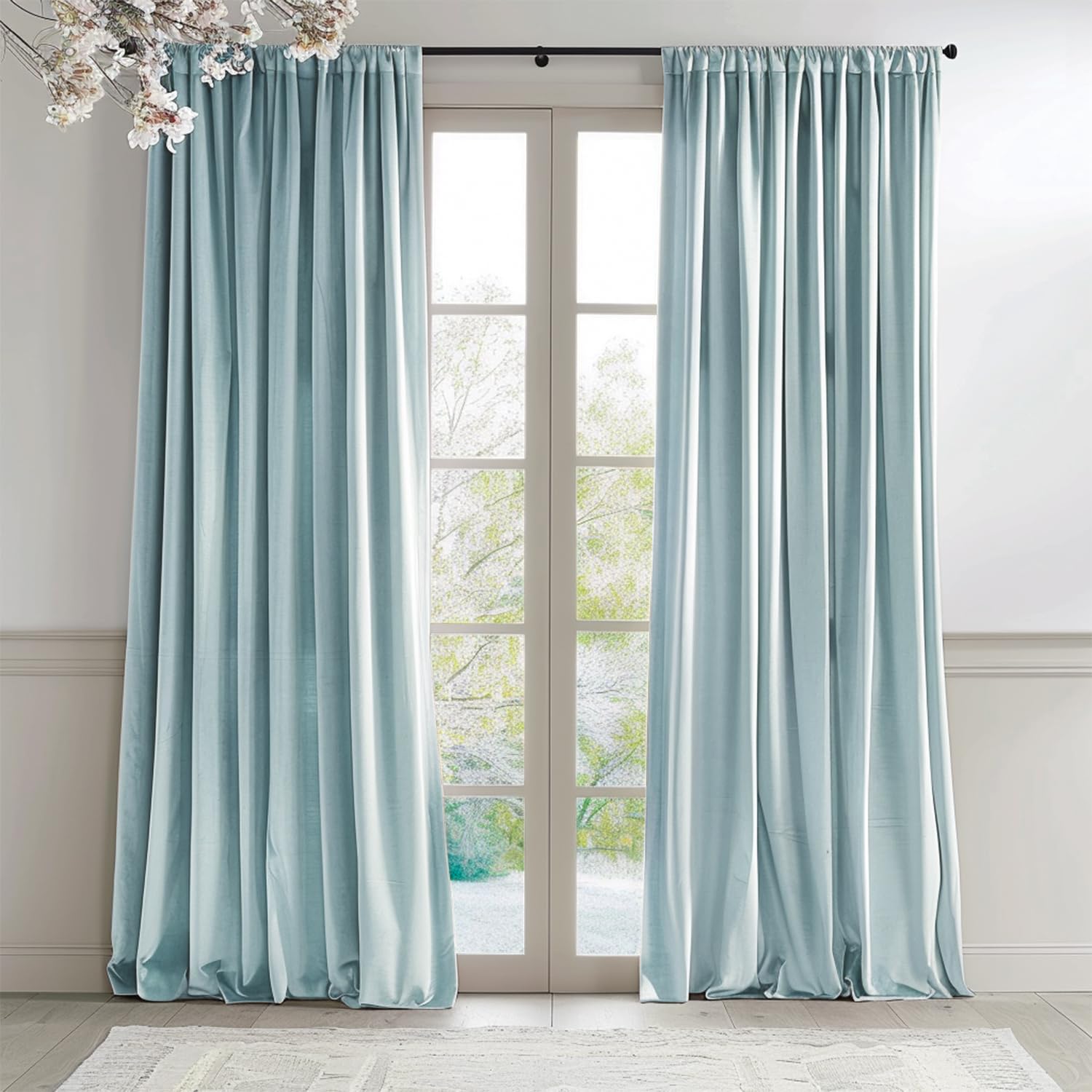 Lazzzy Baby Blue Velvet Curtains Room Darkening Thermal Insulated Curtains 90 Inch Long Window Drapes For Bedroom Living Room Su