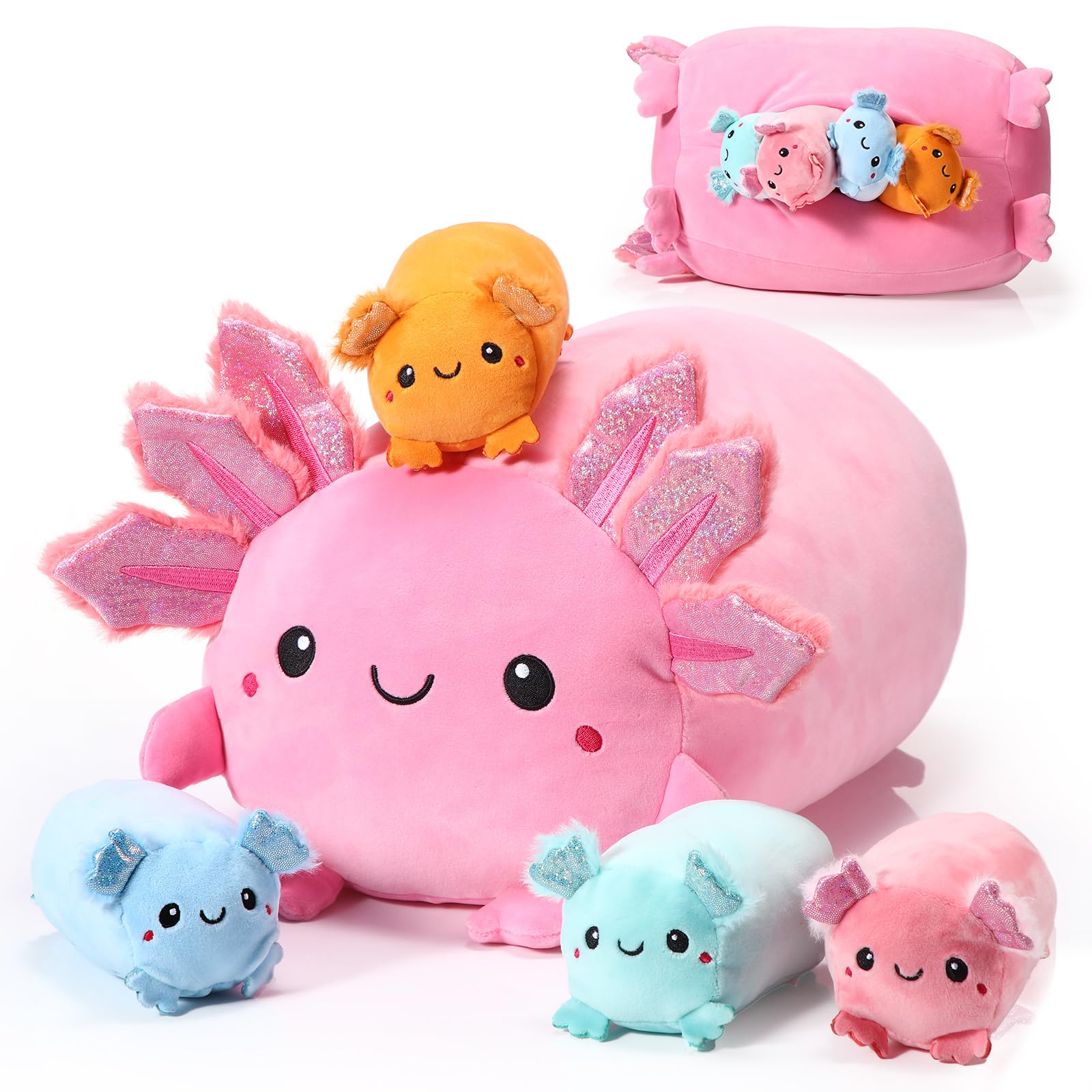 Aoriher 5 Pcs Kawaii Axolotl Stuffed Animal Cute 14 Inch Mom Axolotl With 4.72 In Mini Plush Toy Stuffed Plushies Dolls Soft Thr