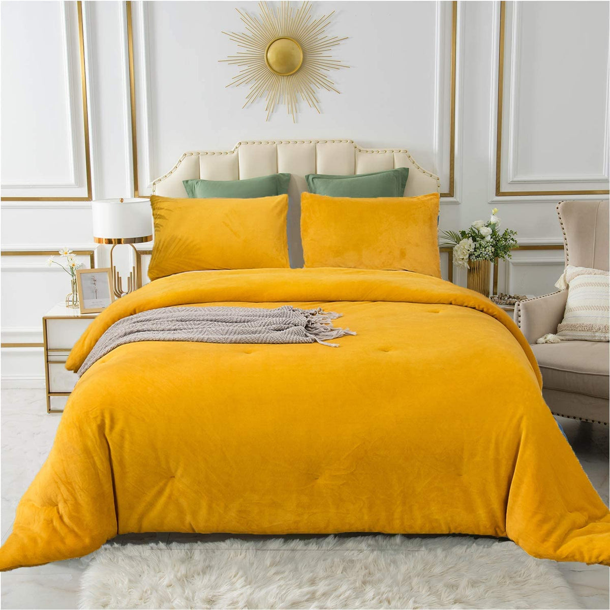 Cottonight Yellow Velvet Comforter Set Full Women Men Mustard Yellow Flannel Plush Fluffy Bedding Comforter Set Full Warm Heavyw