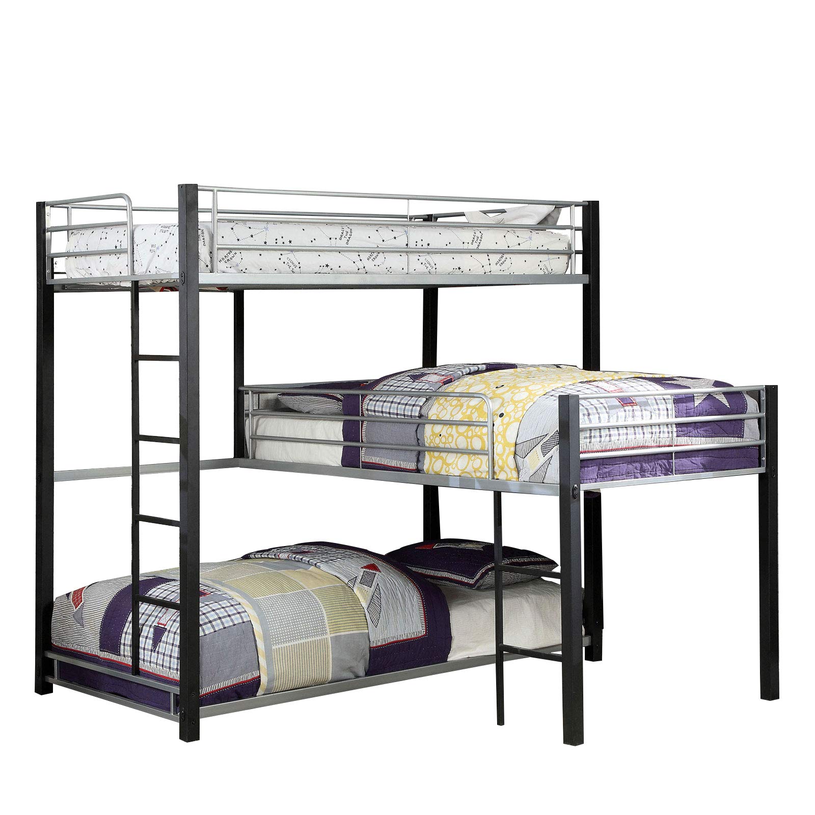 Benjara 3 Tier Industrial Style Twin Bunk Bed with Corner Design, Black and Gray