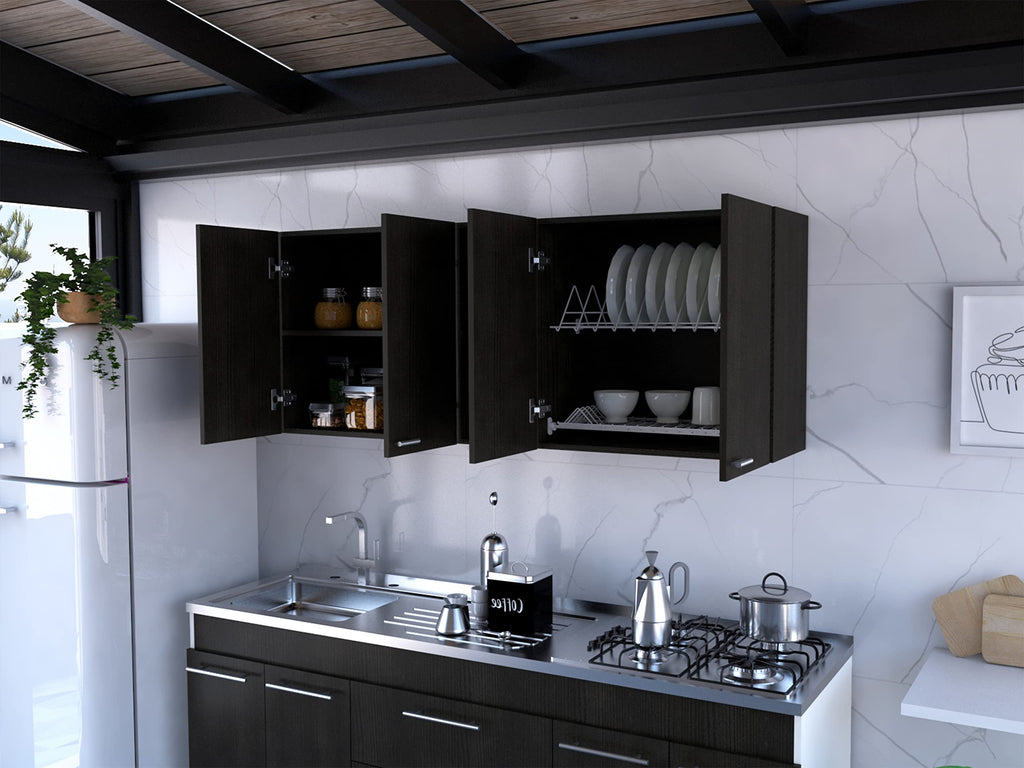 DEPOT E-SHOP Olimpo 150 Wall Cabinet with Four Doors, Two Open Storage Shelves, Two Internal Shelves, Internal Dish and Glass Organizer, 24" H, Black, Kitchen