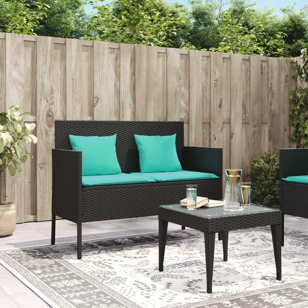vidaXL Outdoor Loveseat Bench - Black PE Rattan, Padded Blue Cushions, Storage Under-Seat, Weather-Resistant, Garden/Patio Furniture, 44.5x24x34.3