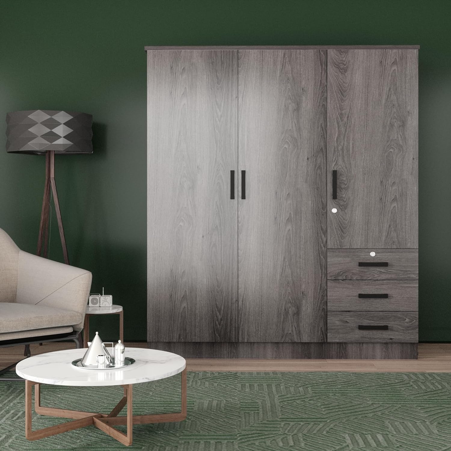 Violet Wardrobe Closet 3 Doors and 3 Drawers (Grey)