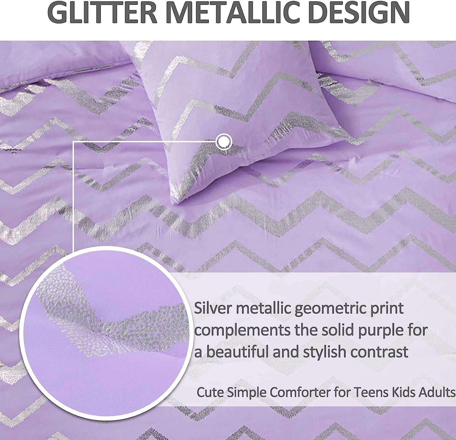 Menghomeus Purple/Silver Comforter Set King Lavender Metallic Print Glitter Bedding Set Cute Shinny Lilac Bed Sets For Teen Girl