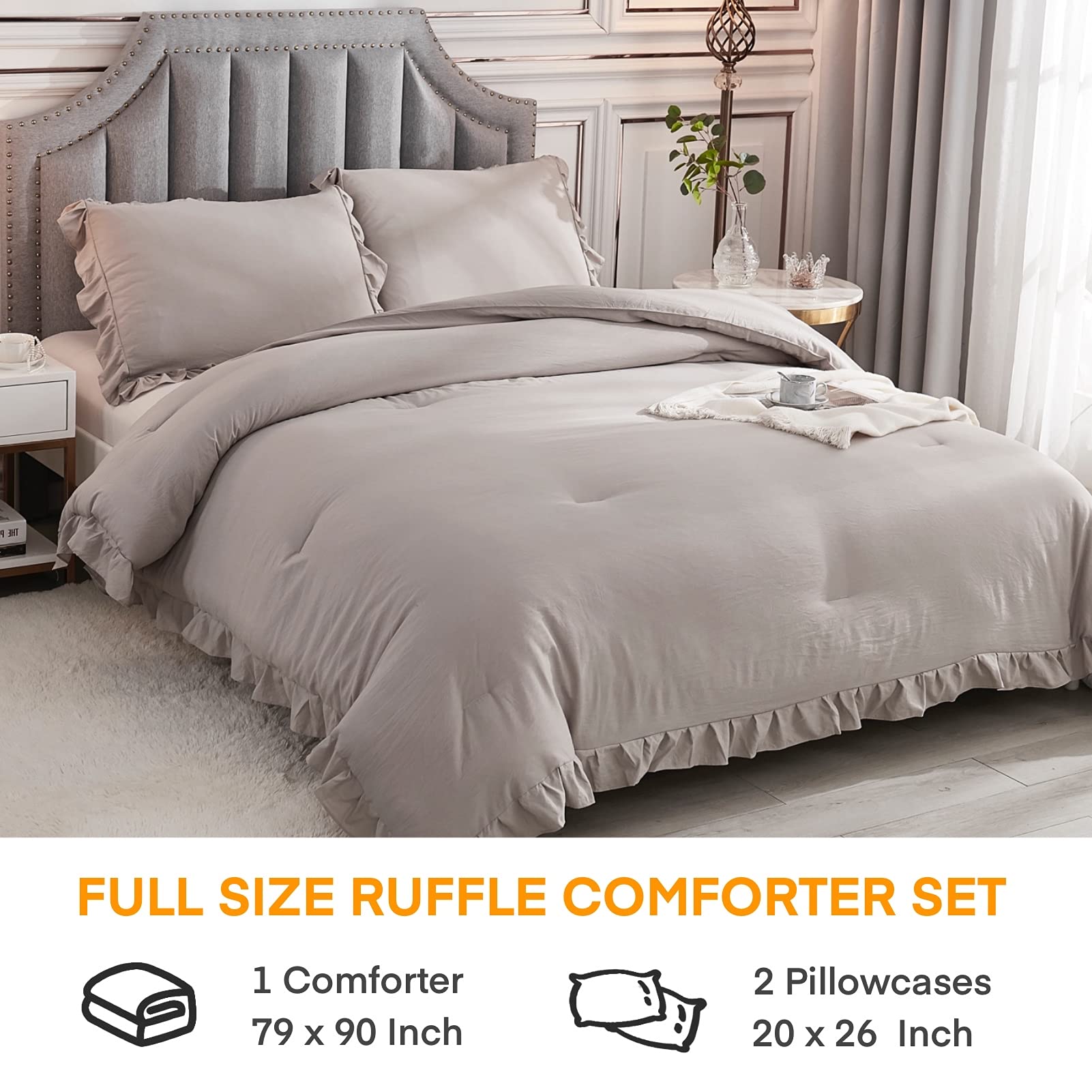 Andency Wheat Ruffle Comforter Full(79X90Inch), 3 Pieces(1 Ruffled Comforter And 2 Pillowcases) Vintage Ruffle Fringe Comforter, Farmhouse Rustic Microfiber Down Alternative Bedding Comforter Set