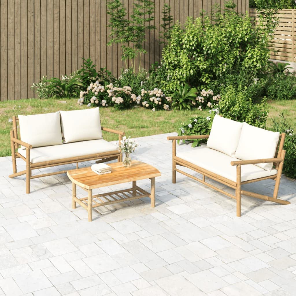 vidaXL Elegant 2 Piece Bamboo Patio Lounge Set with Cream White Cushions, Lightweight Construction, Comfortable for Outdoor Space