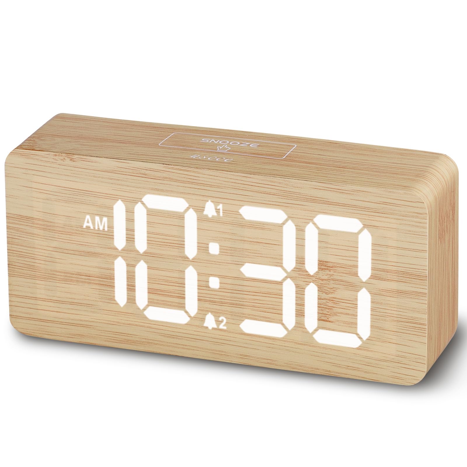 uscce Wooden Digital Alarm Clocks for Bedrooms: Dimmable Dual Alarm Clock with Large Numbers for Bedside Desk - Bamboo