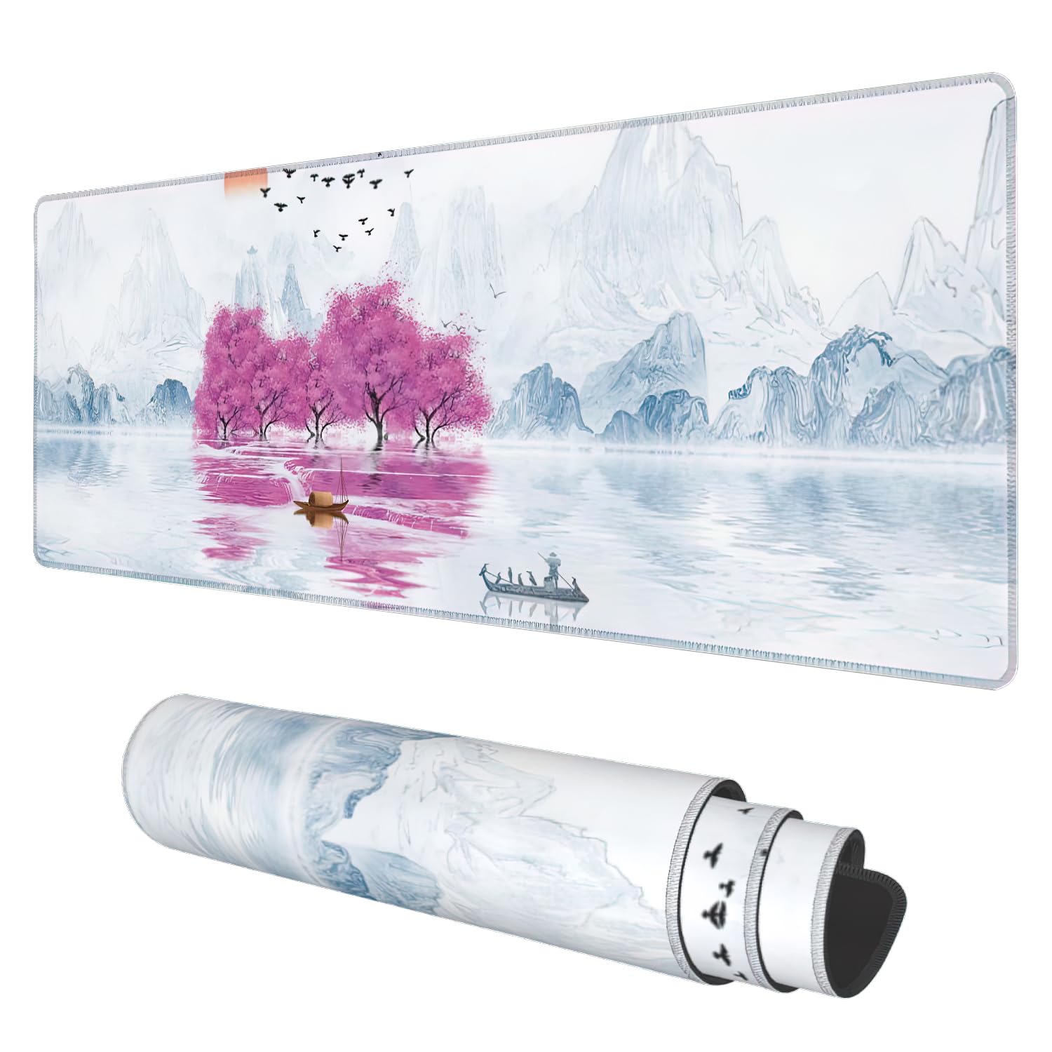 Desk Mat, Cherry Blossom Tree Oil Ink Painting Extended Gaming Mouse Pad Large, 31.5'X11.8' Big Mouse Pad With Non-Slip Base A