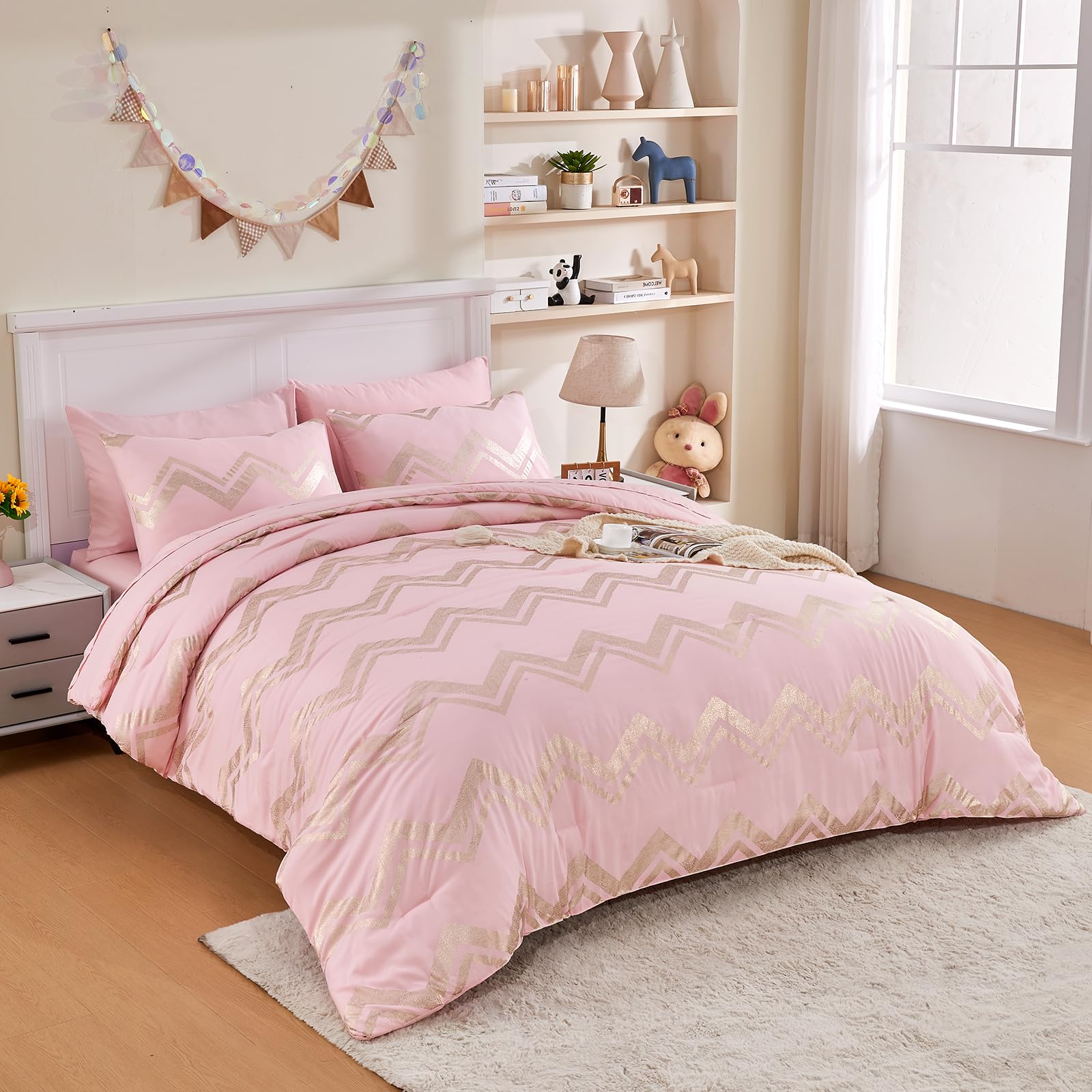 Wowelife Girl Bedding Sets Pink Comforter For Queen Size Bed 7 Pieces Gold Glitter Foil Queen Bedding Set Teen Girl Bedding Pink