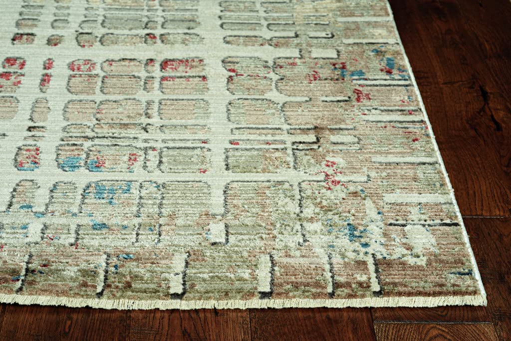 HomeRoots Shrink Polyester 4’ x 6’ Ivory Khaki Distressed Plaid Area Rug