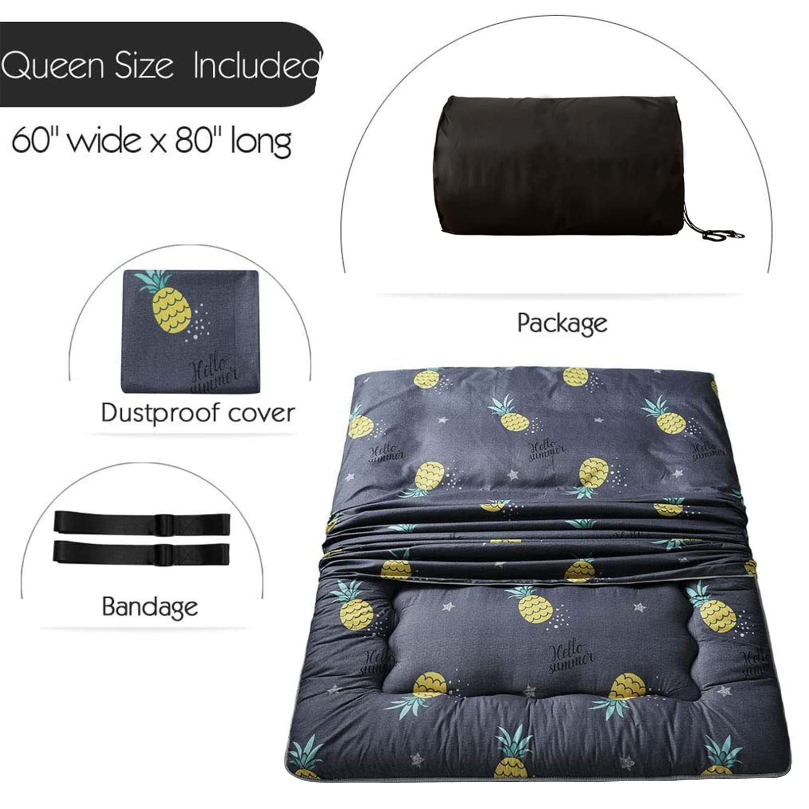 Grey Pineapple Japanese Floor Futon Mattress, Tatami Floor Mat Portable Camping Mattress Kids Sleeping Pad Foldable Roll Up Floor Lounger Couch Bed Queen Size With Mattress Protector Cover