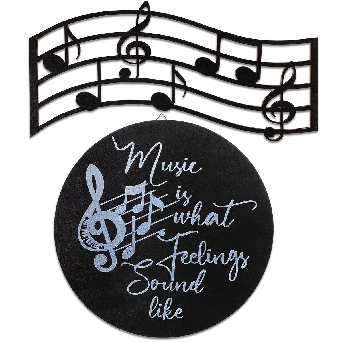 2 Pieces Music is What Feelings Sound Like Wooden Vinyl Music Notes Silhouette Wall Decor Round Record Album Wall Decor Black Vi
