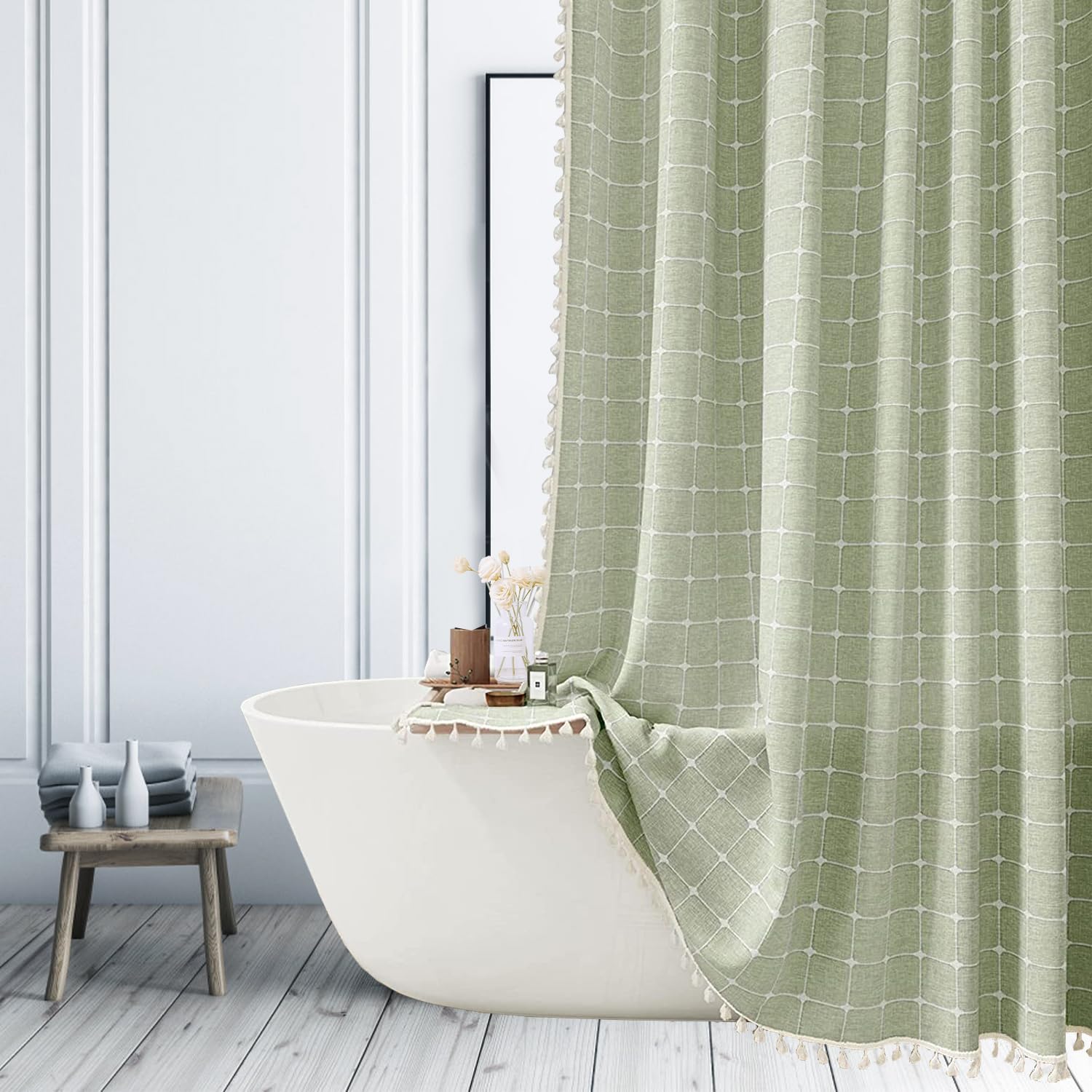 Ggaimwf Sage Green Plaid Shower Curtain Farmhouse Checkered Boho Shower Curtains For Bathroom, Rustic Shabby Chic Heavy Duty Bat