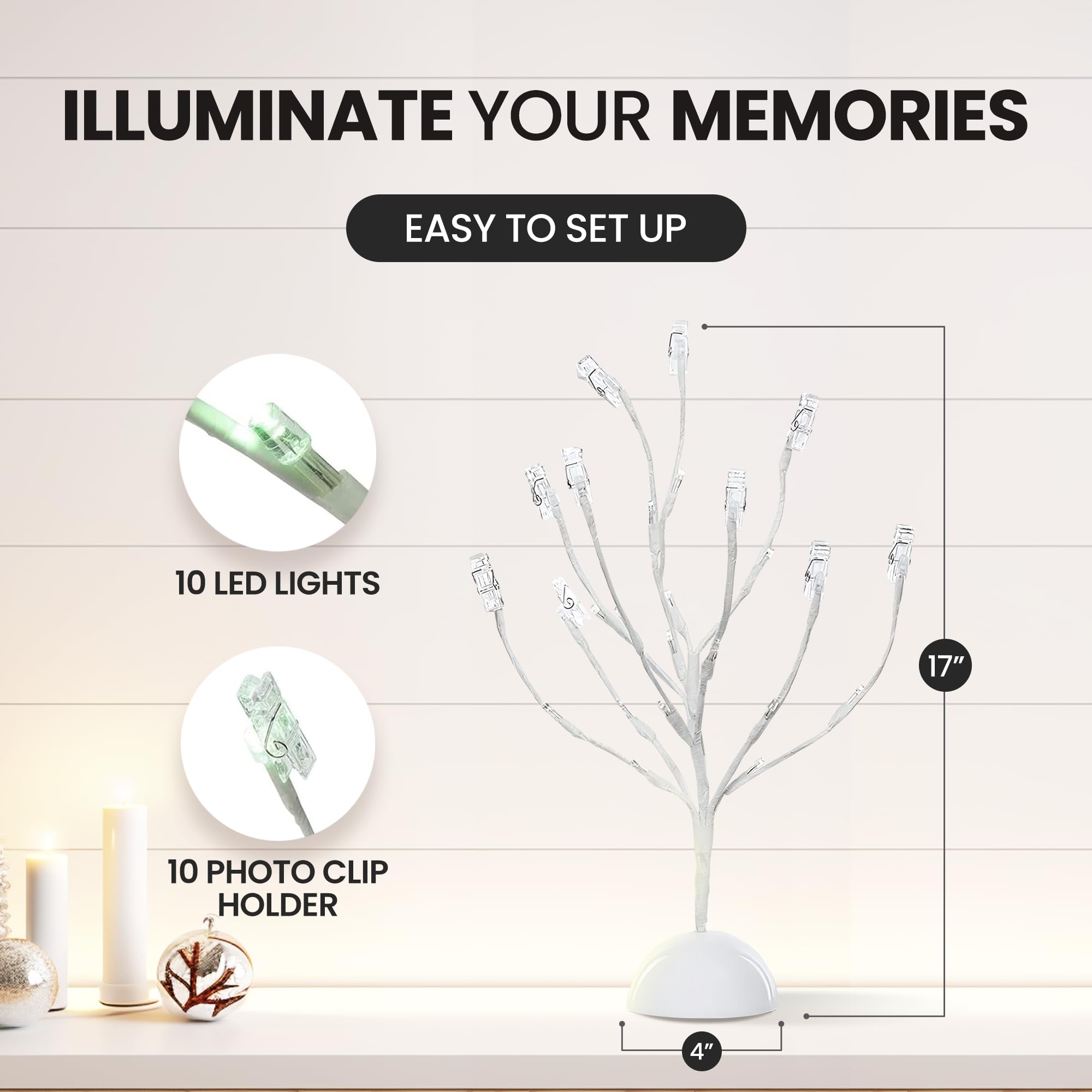 MEIN SCHATZ Money Tree Gift Card Holder with 10 Clips & LED Lighted Tips - White Plastic