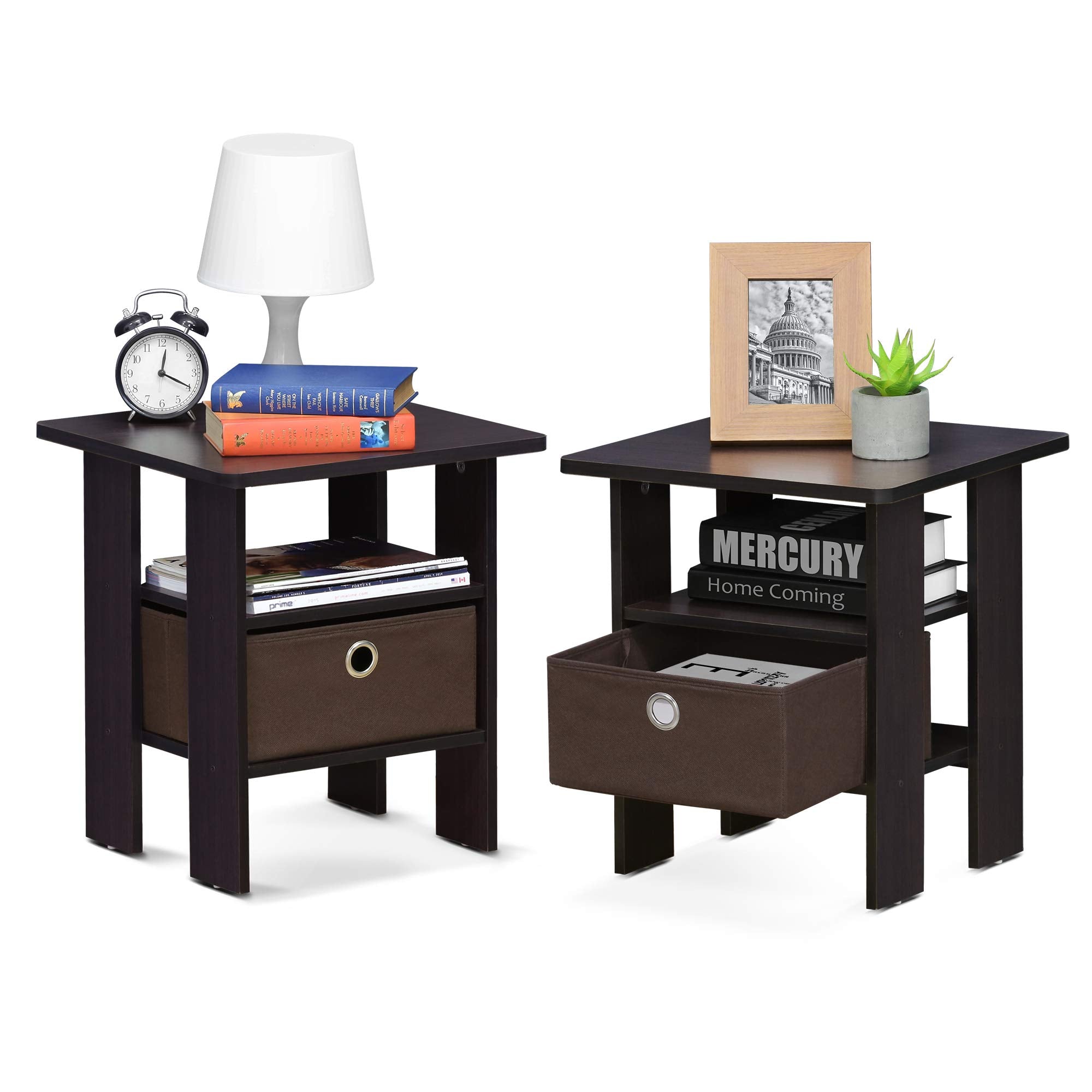 Furinno Andrey Set Of 2 End Table / Side Table / Night Stand / Bedside Table With Bin Drawer, Dark Walnut