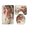 3PCS Red Cherry Blossom Bath Mat Set Plum Flower Mountain Japanese Asian Traditional Ink Painting Bathroom Kitchen Floor Mat Doo