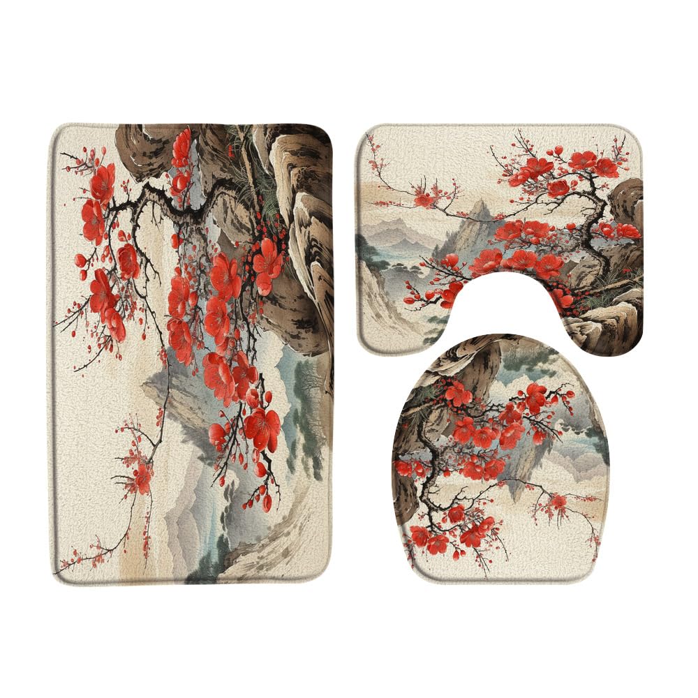3PCS Red Cherry Blossom Bath Mat Set Plum Flower Mountain Japanese Asian Traditional Ink Painting Bathroom Kitchen Floor Mat Doo