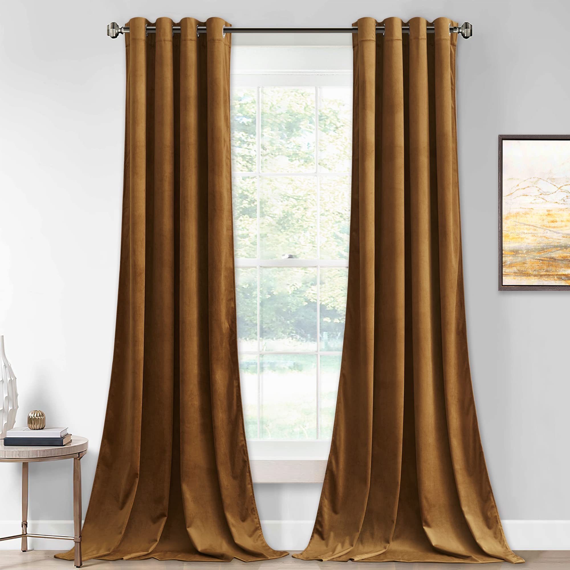 Stangh Brown Gold Velvet Curtains 96 Inches Long For Living Room, Light Blocking Thermal Insulated Bedroom Window Covering For S