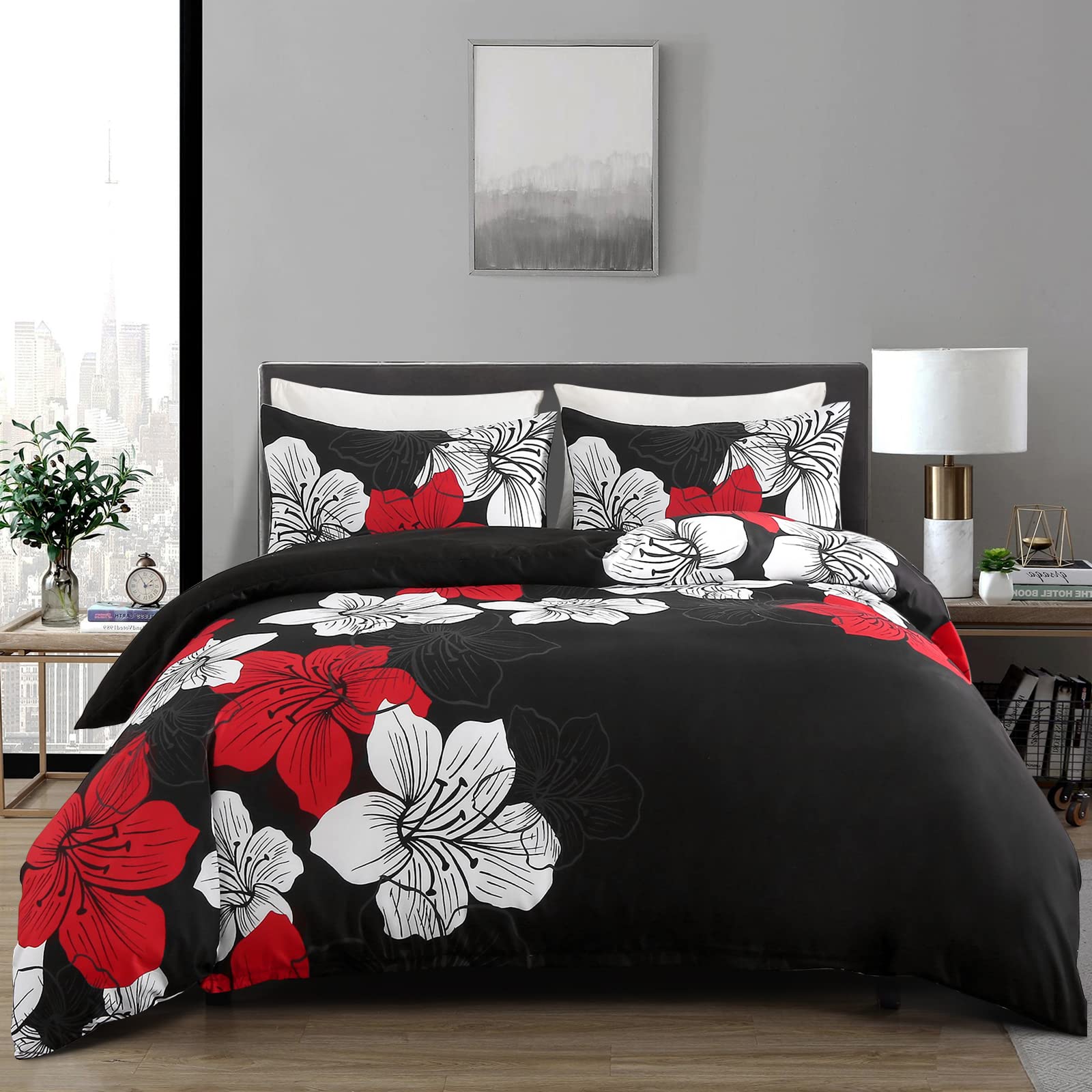 Menghomeus Black Red Comforter Set California King Colorful Floral Comforter Modern Cal King Bedding Sets With 2 Pillowcases Lig
