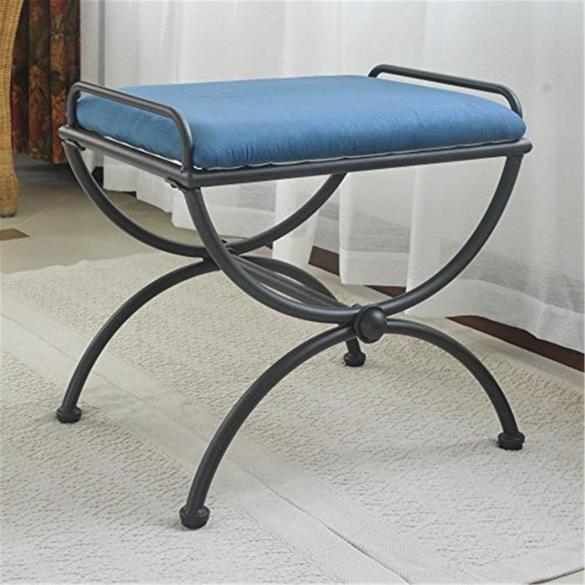 International Caravan Iron Vanity Stool with Microsuede Cushion, Indigo