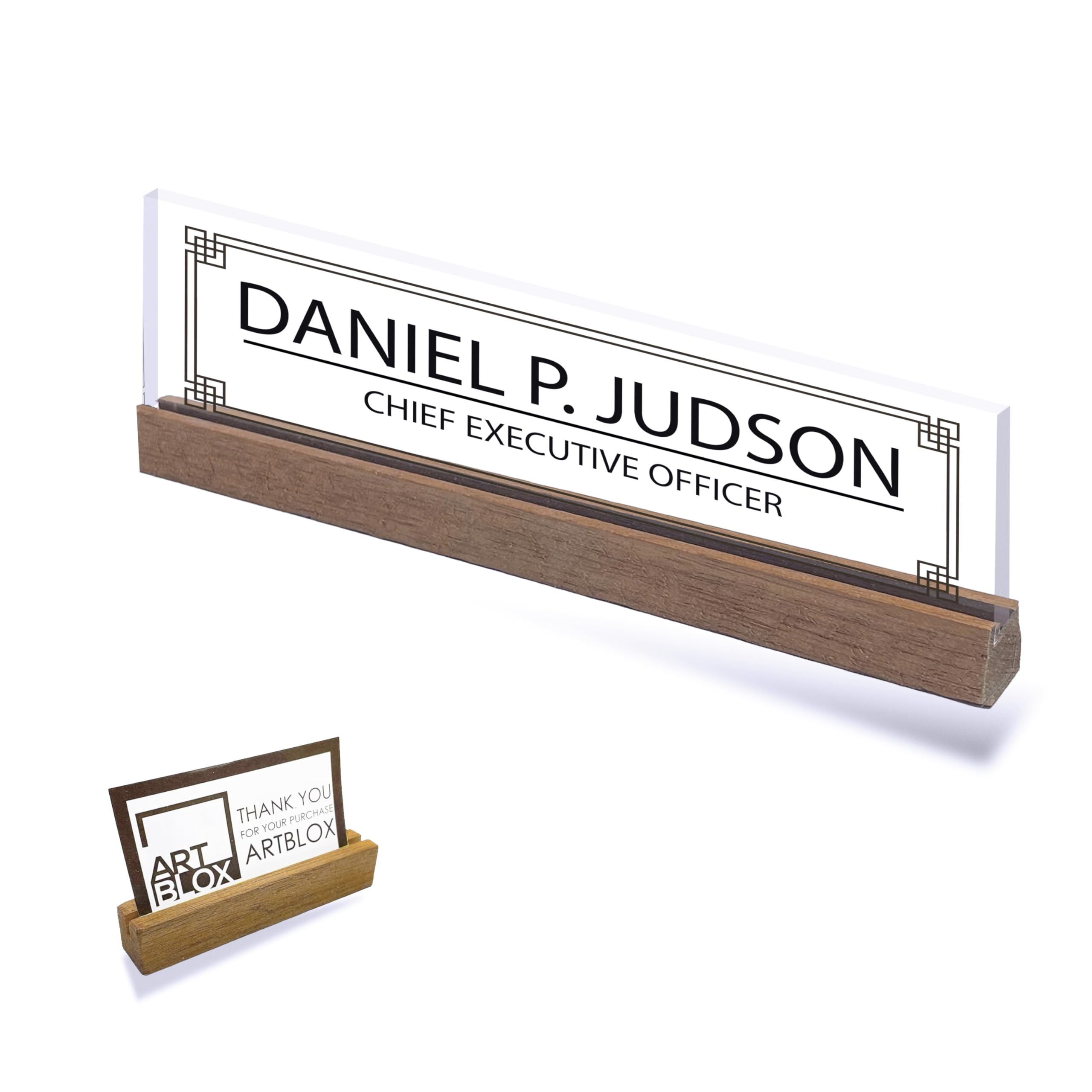 Artblox | Office Personalized Name Plate Men Board Design On Clear Acrylic Glass For Desk With Business Card Holder