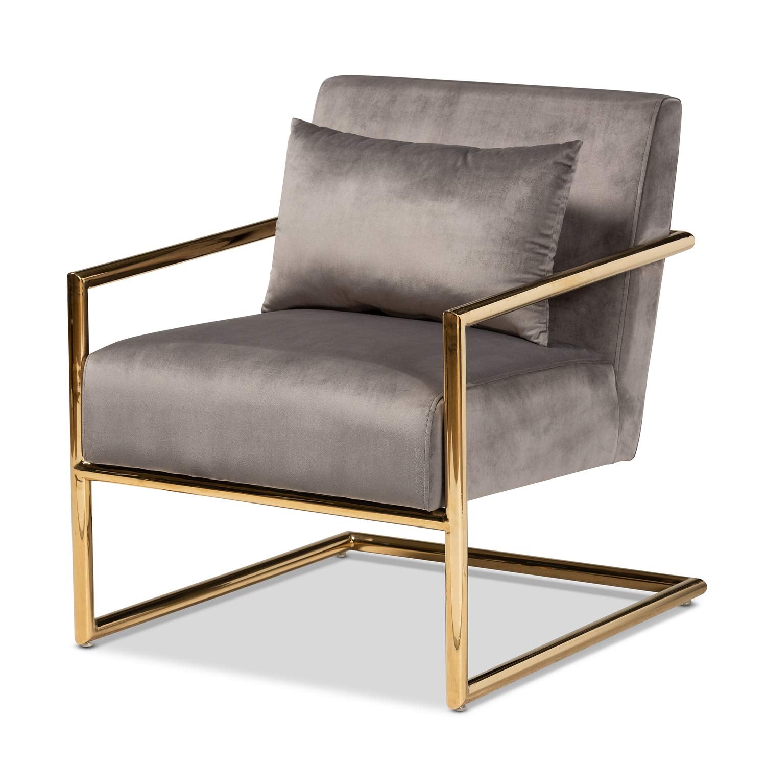 Baxton Studio Mira Glam and Luxe Grey Velvet Fabric Upholstered Gold Finished Metal Lounge Chair