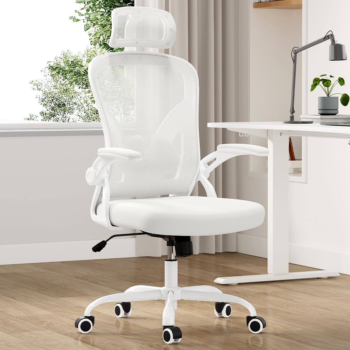 Farini Ergonomic Office Chair, Home Office Desk Chair With Headrest, High Back Computer Chair With Flip-Up Armrests And Adjustable Lumbar Support For Home Office Study Room (With Headrest, All-White)
