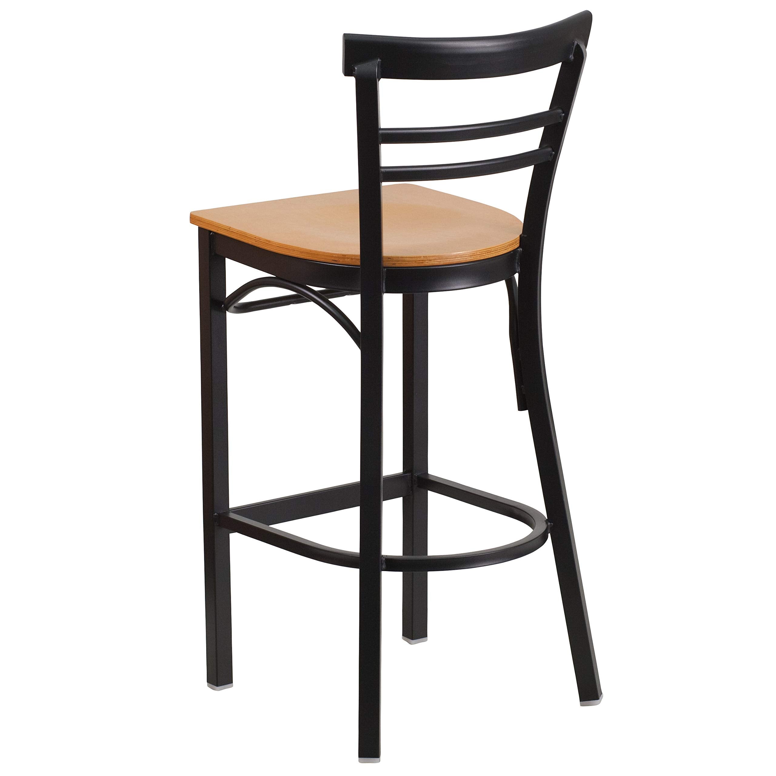 Flash Furniture HERCULES Series Black Two-Slat Ladder Back Metal Restaurant Barstool - Natural Wood Seat