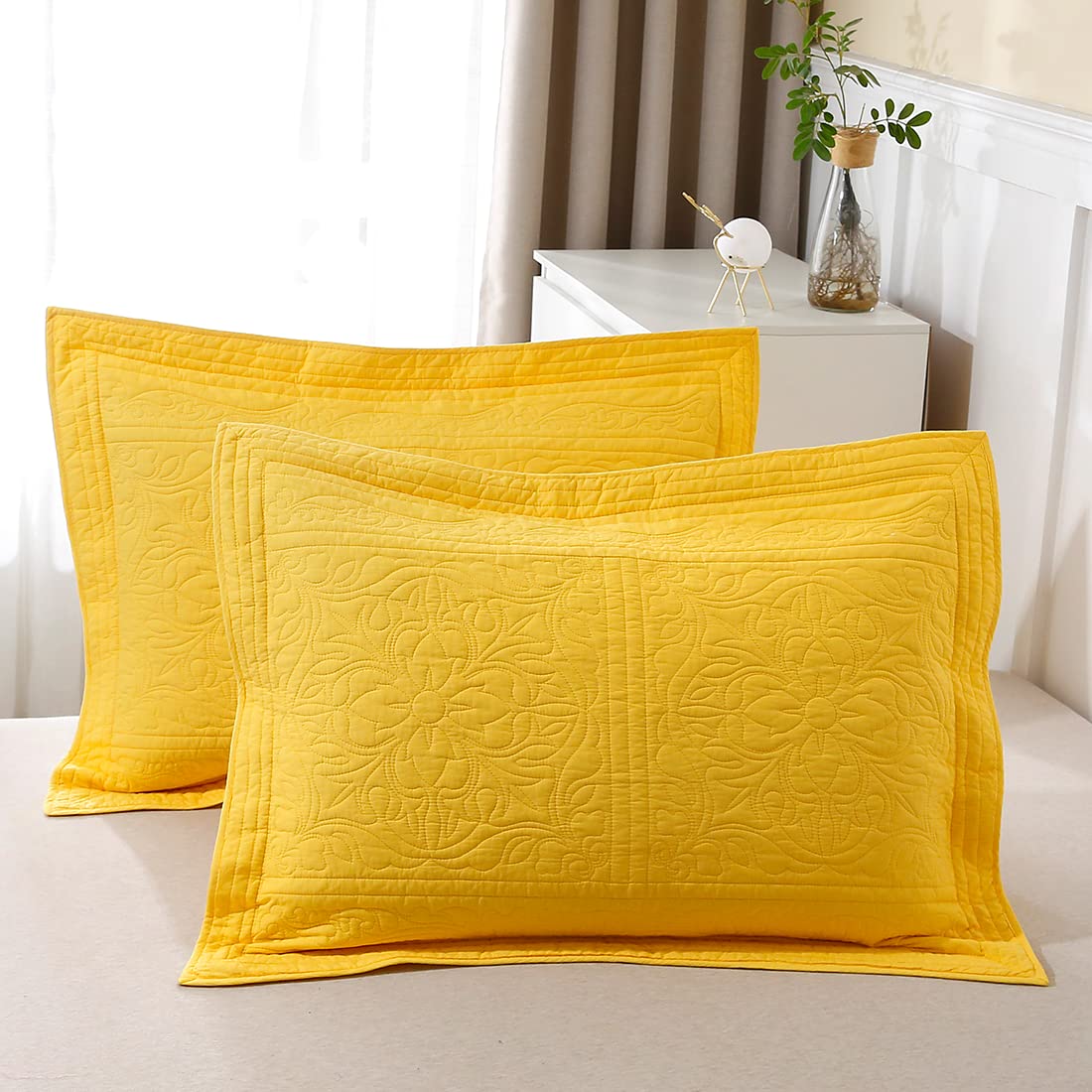 Winlife 100% Cotton Quilted Pillow Sham Floral Printed Pillow Cover King Size (Gold/Yellow)