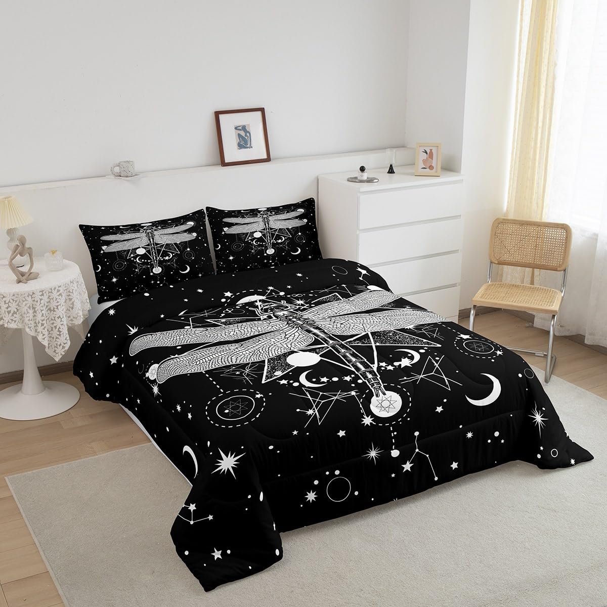 Gothic Moth Kids Comforter Set Full Size,Galaxy Sun And Moon Constellation Bohemian Style Skull Skeleton Bedding Set For Boys Gi