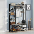 BON AUGURE Industrial Hall Tree with Bench and Shoe Storage, Grey Entryway Bench with Coat Rack, Wooden Metal Coat Tree with Hoo