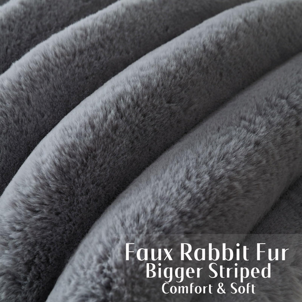 Futei Grey Decorative Throw Pillow Covers 24X24 Inch Set Of 2, Square Soft Faux Rabbit Fur Big Striped Pillow Sham,Home Decor Fo