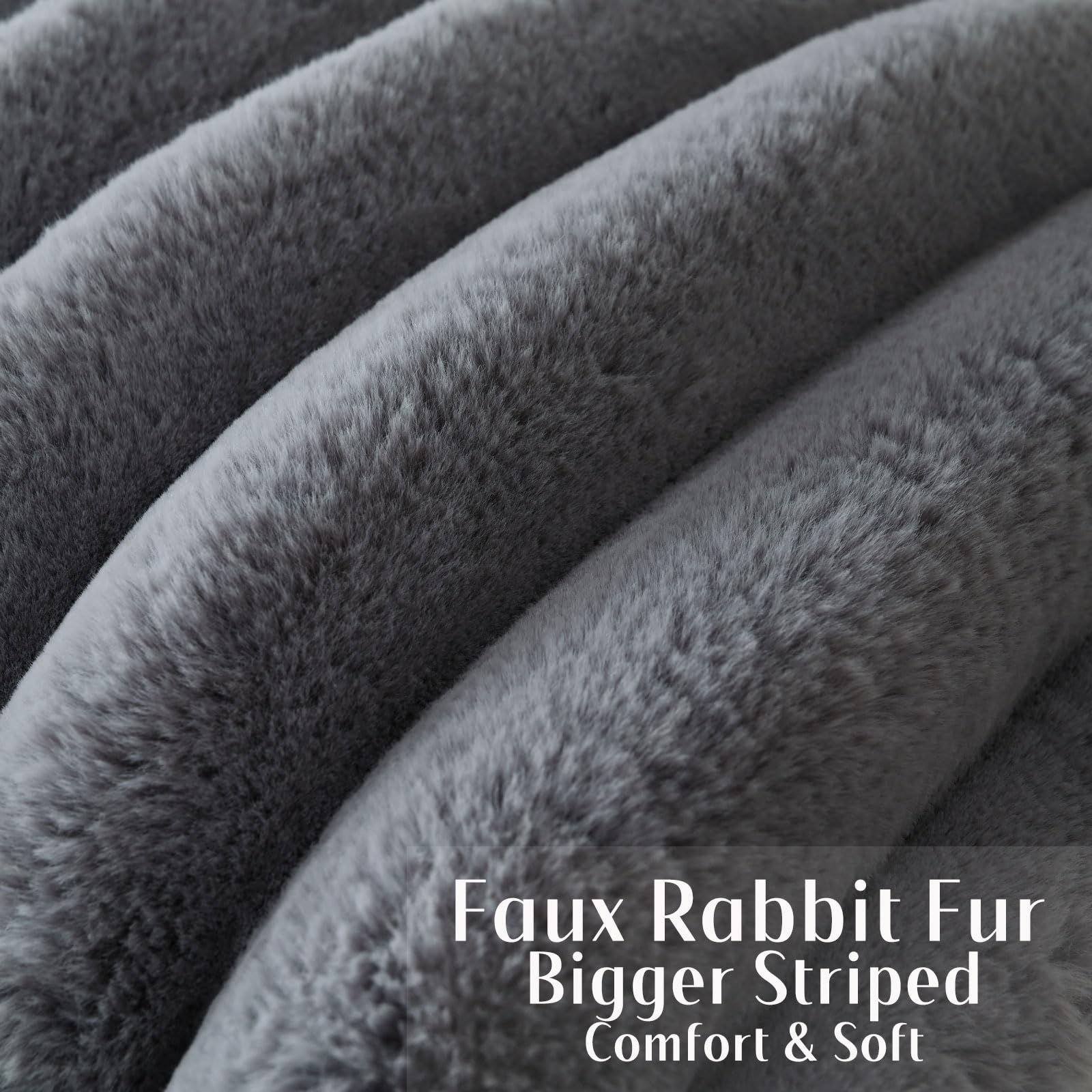 Futei Grey Decorative Throw Pillow Covers 24X24 Inch Set Of 2, Square Soft Faux Rabbit Fur Big Striped Pillow Sham,Home Decor Fo