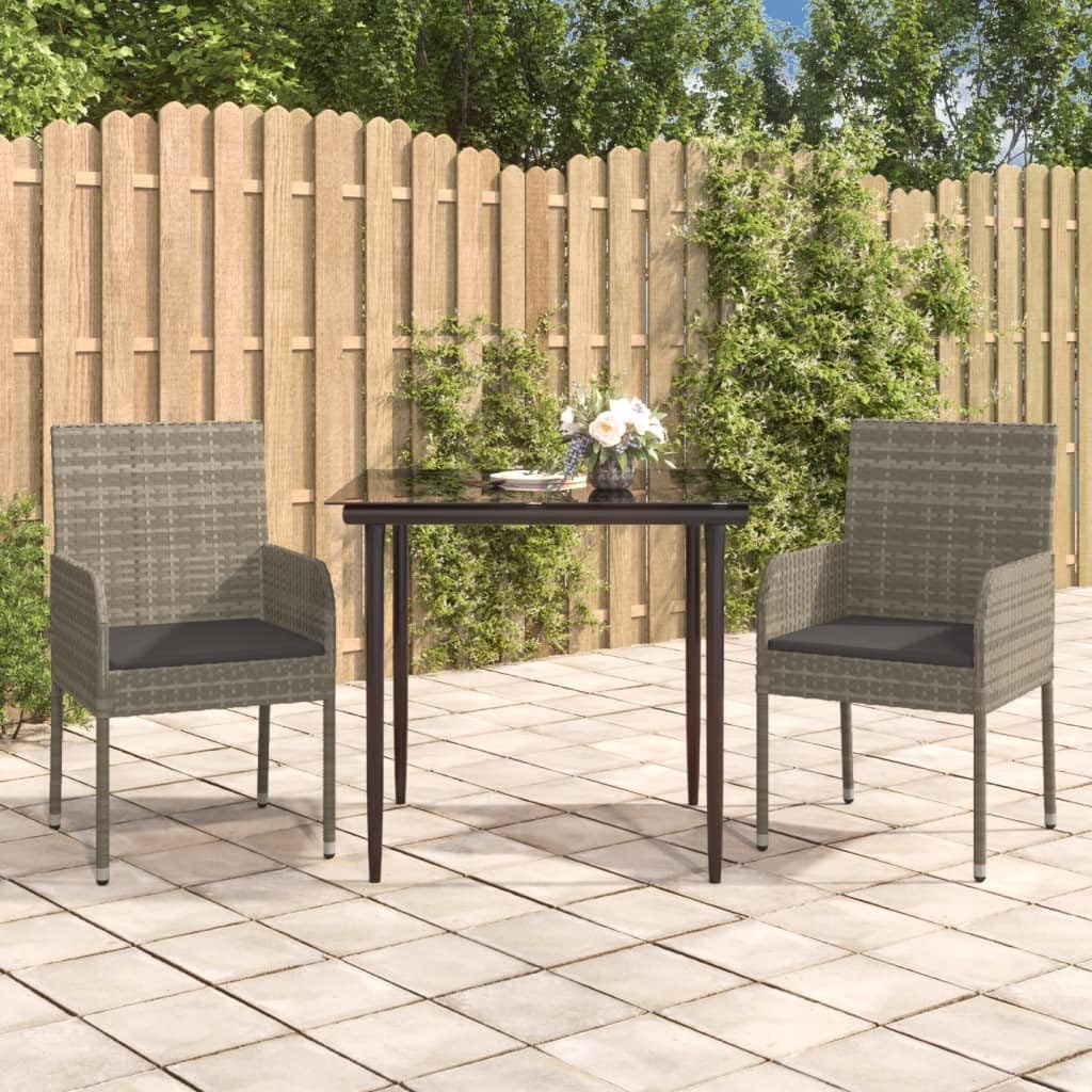 vidaXL 3 Piece Patio Dining Set with Weather-Resistant Poly Rattan, Powder-Coated Steel Frame, and Glass Tabletop - Modern Design for Garden, Patio, Deck