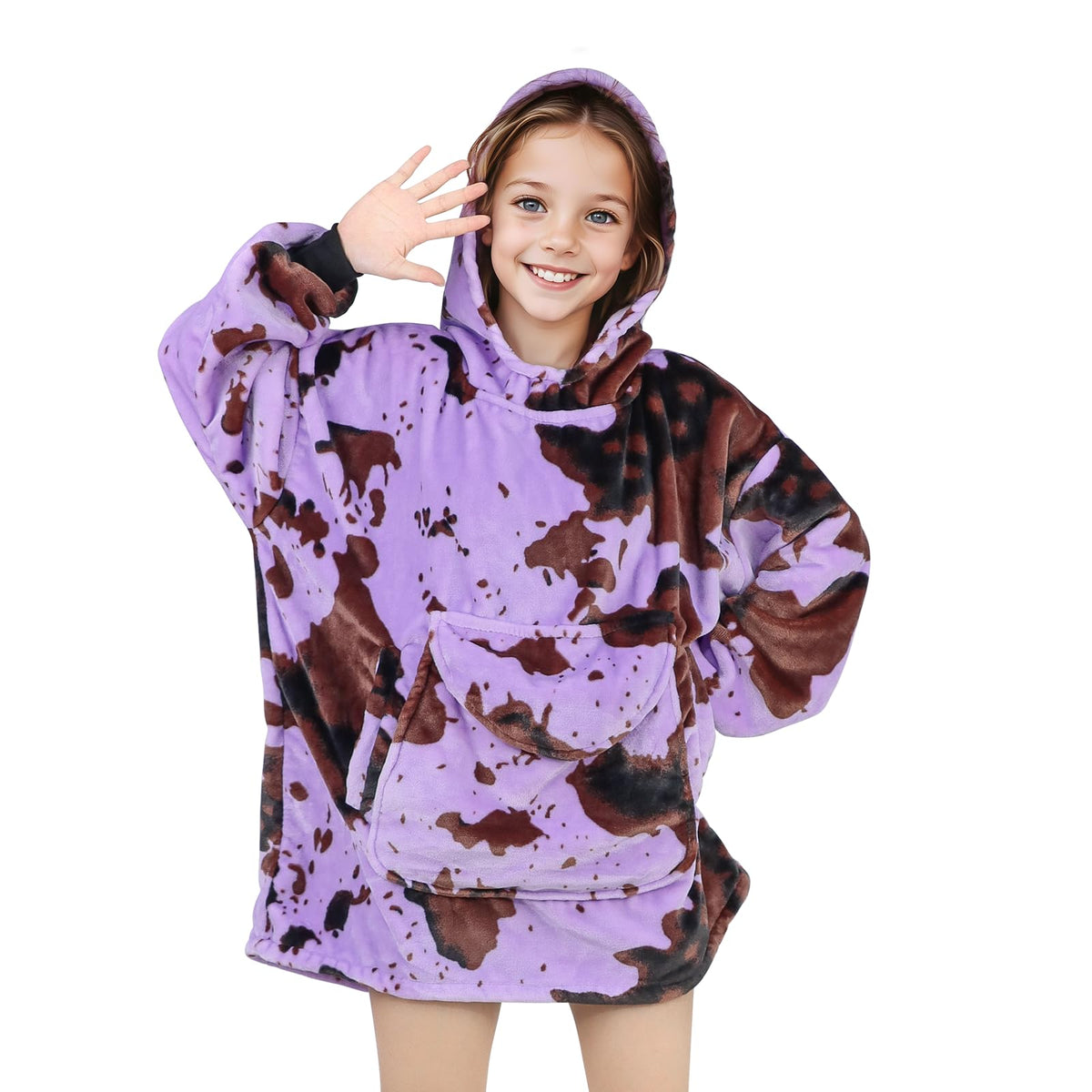 Kivee Wearable Blanket Hoodie Kids Purple Cow Print Sweatshirt Blanket With Giant Pocket Warm Cozy Cow Hooded Blanket 6-10 Year