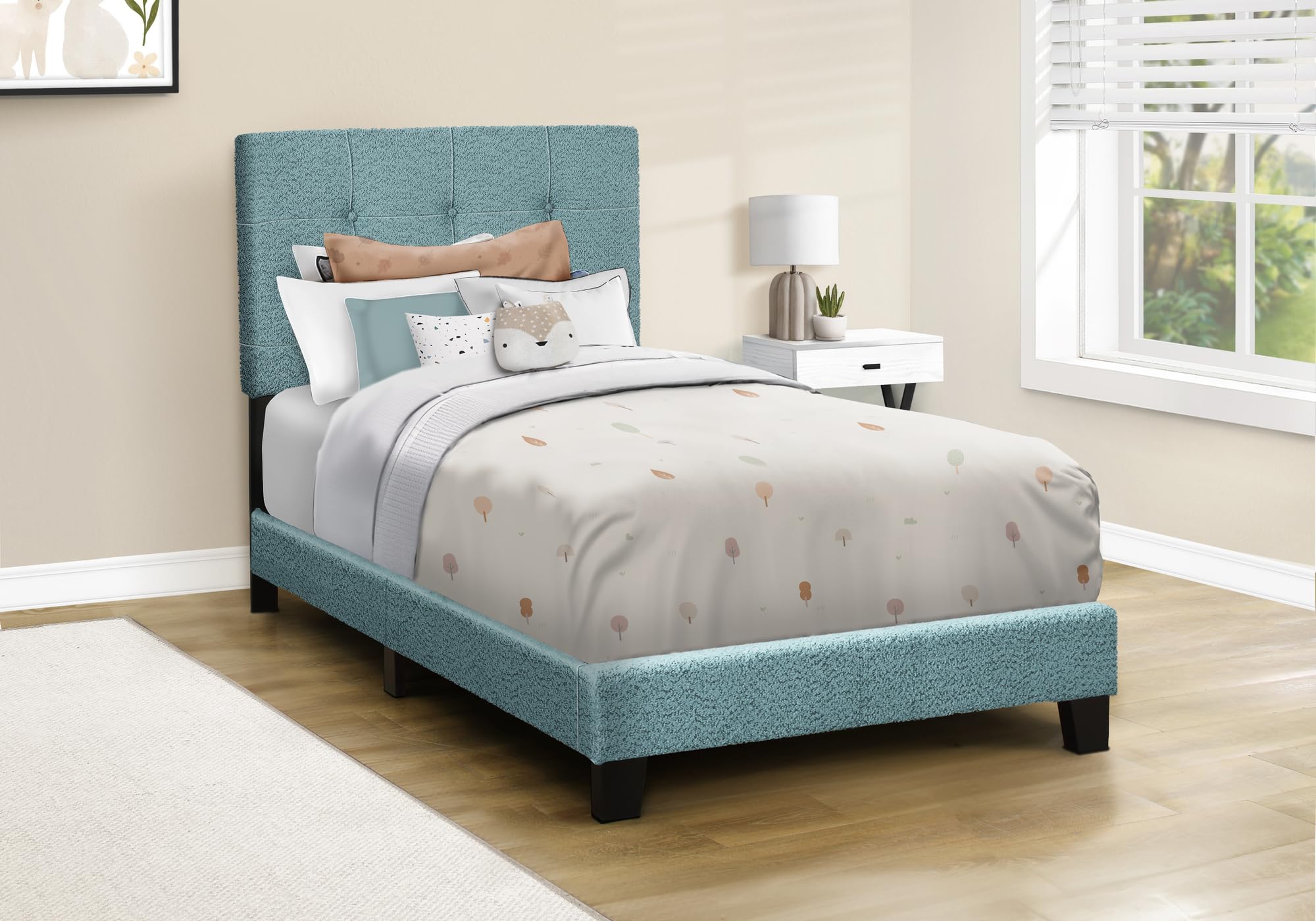 Monarch Specialties I 5806T Bed, Twin Size, Upholstered, Bedroom, Frame Only, Youth, Teen, Juvenile, Light Blue Boucle, Transitional