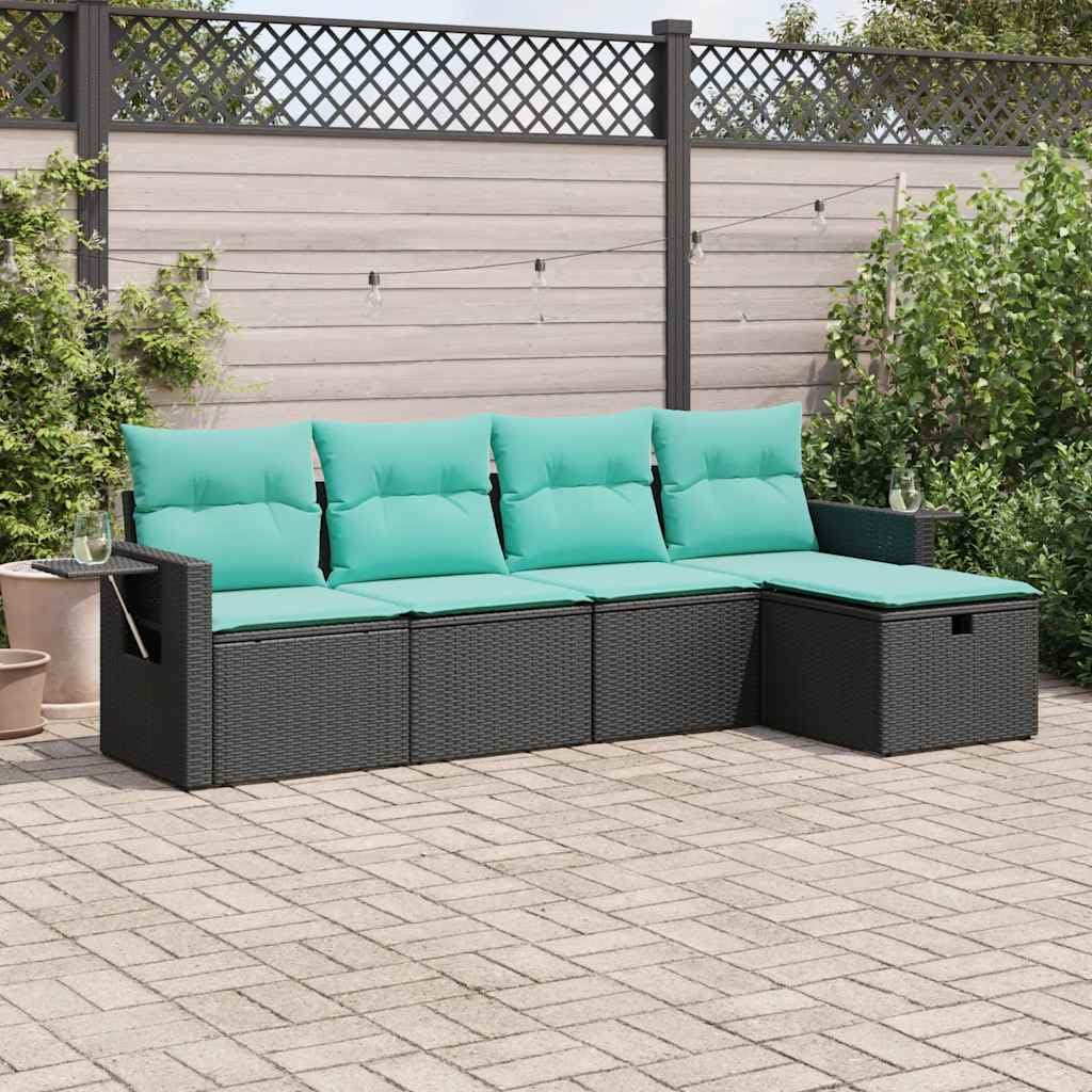 vidaXL 5-Piece Outdoor Patio Garden Sofa Set - Black Poly Rattan with Washable Blue Cushions and Storage - UV and Weather-Resistant, Ideal for Terrace, Backyard, Deck, or Balcony use