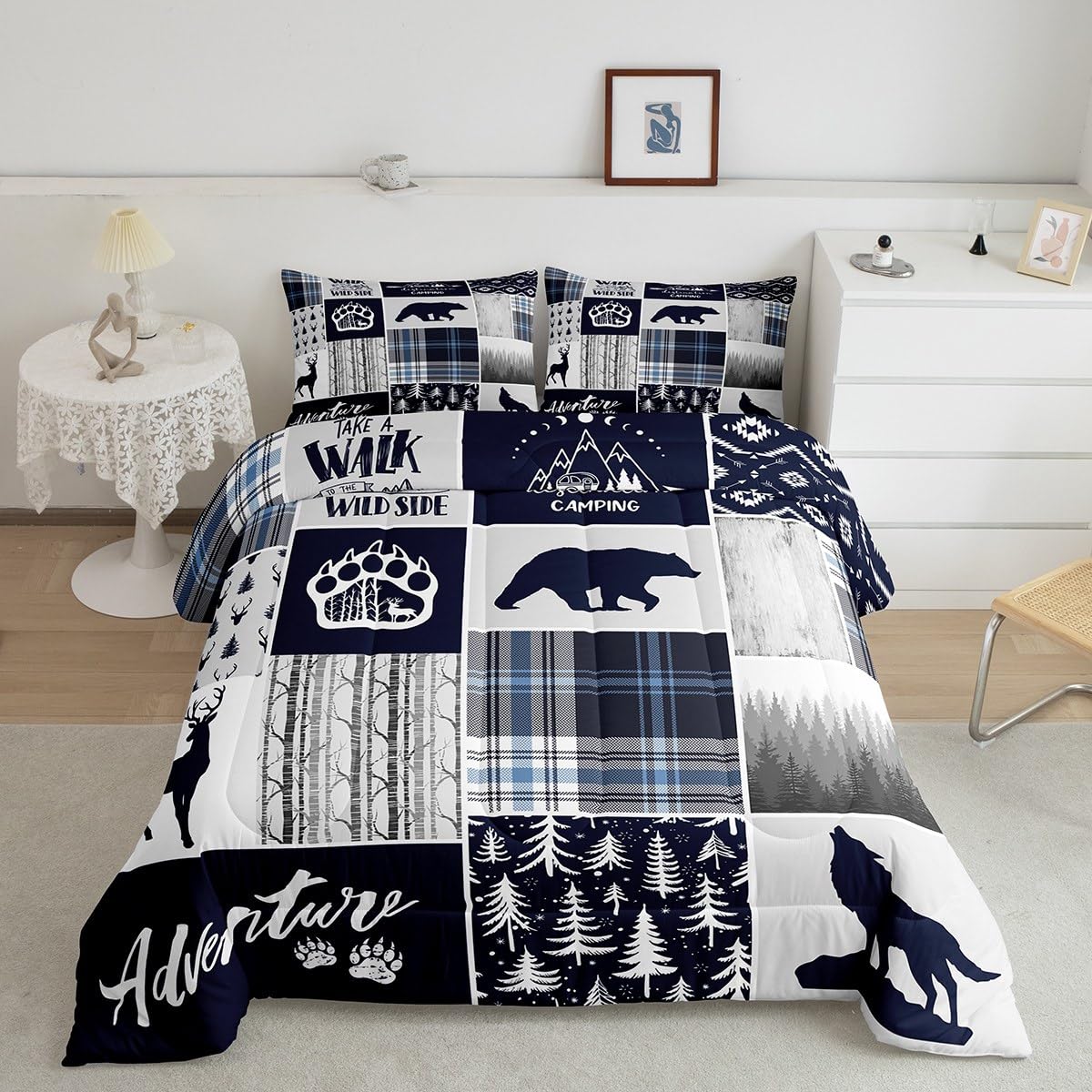 Manfei Deer Bear Kids Comforter Set Full Size,Wolf Hunting Adventure Rustic Bedding Set For Boys Girls Adults Room Decor,Geometr