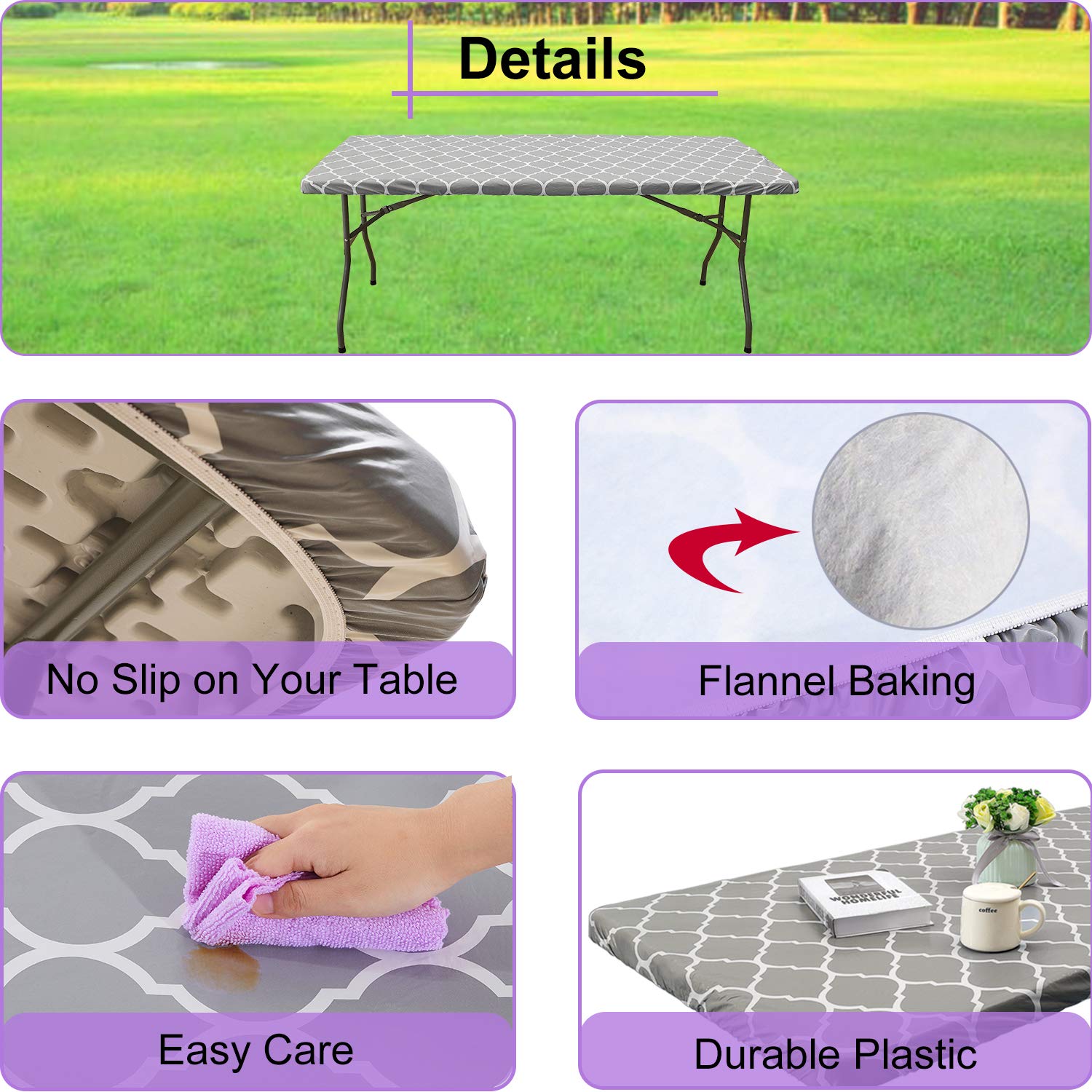 Vinyl Fitted Tablecloth For 6 Ft Rectangle Table, Gray Moroccan Design, Waterproof Elastic Table Cover With Flannel Backed Lining, Fits 30'X72' Folding Table, For Outdoor Picnics/Travel/Holiday/Party