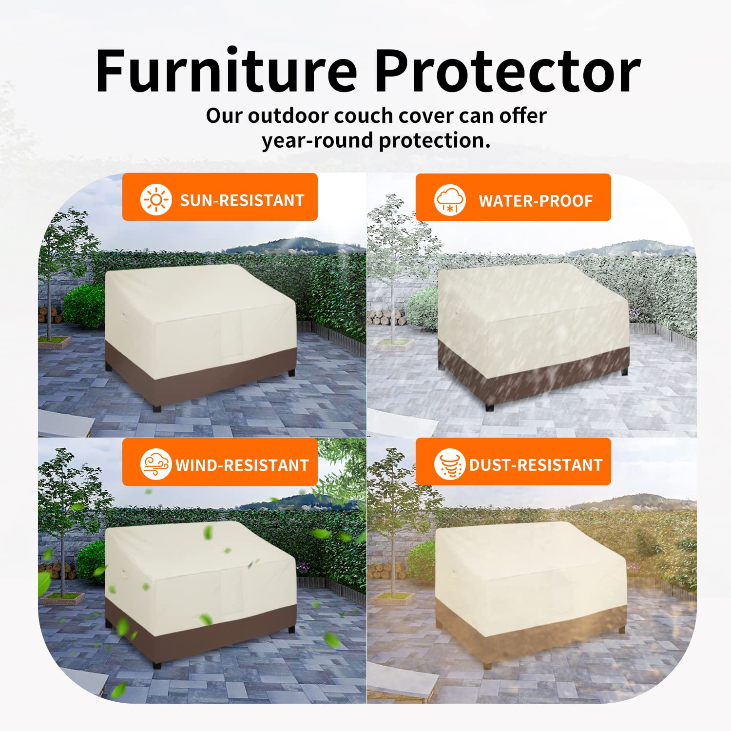 Easy-Going Waterproof Outdoor Loveseat Cover, Heavy Duty 2-Seater Patio Couch Cover, Windproof Outdoor Furniture Cover With Air Vent (58Wx40Dx31H Inch, Beige/Dark Brown)